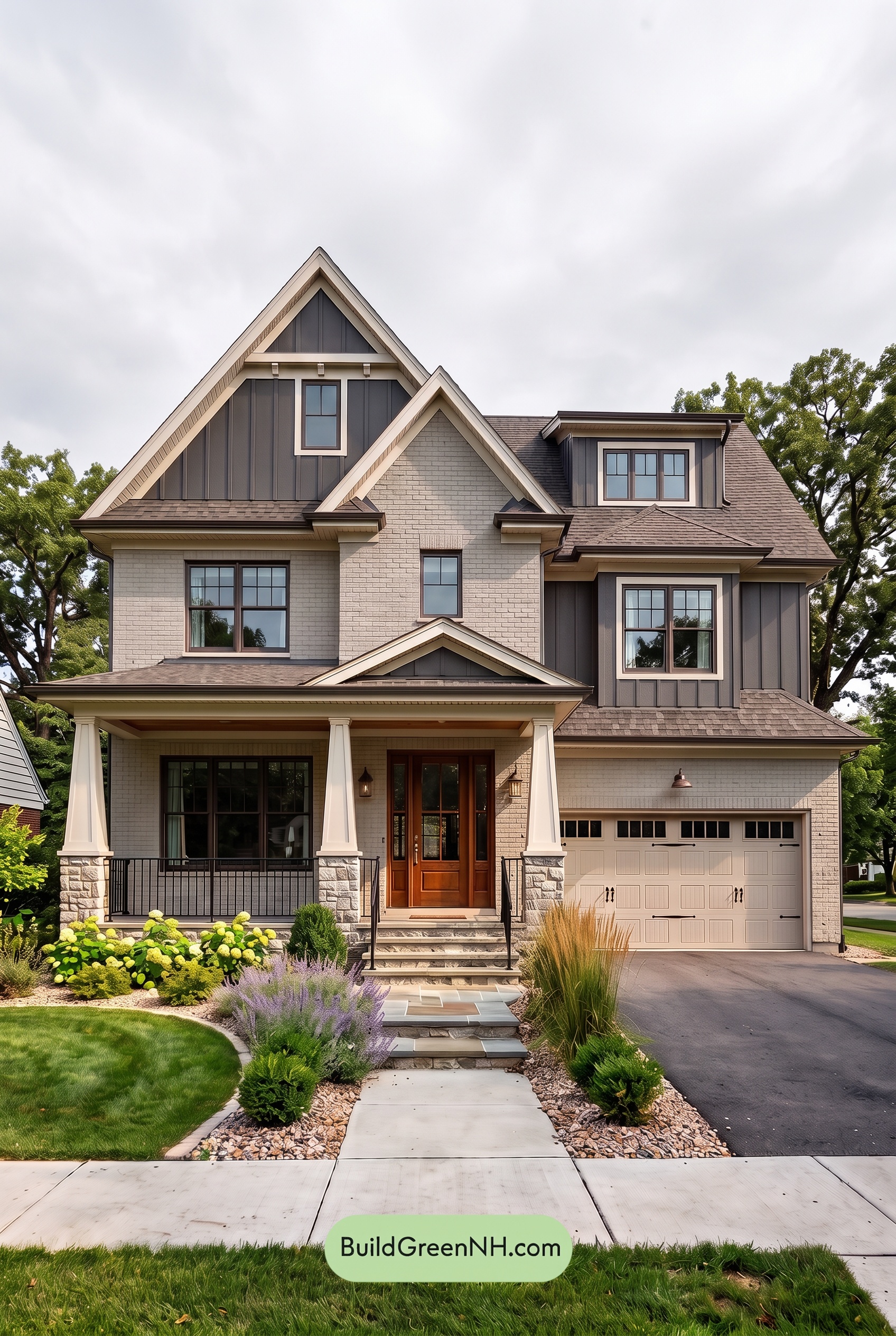 Beige Brick House Exterior Color Scheme: Mushroom Copper Gable - Overcast