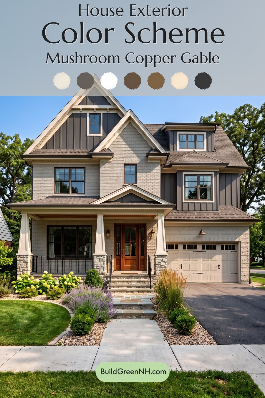 Beige Brick House Exterior Color Scheme: Mushroom Copper Gable