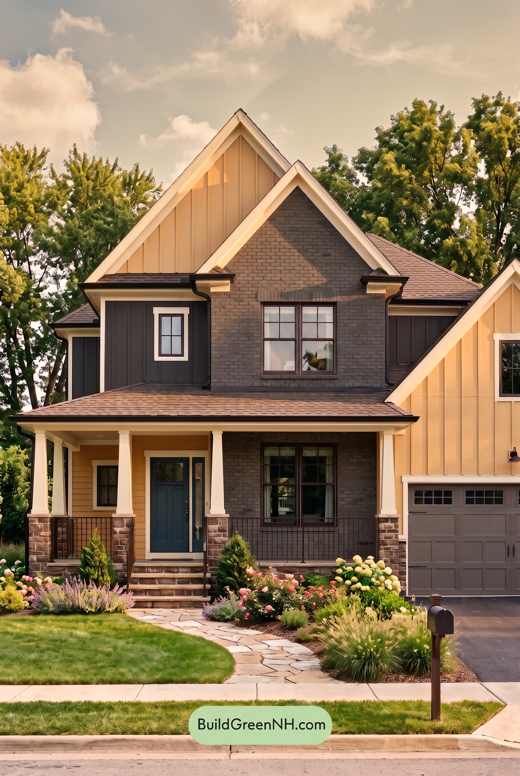 Beige Brick House Exterior Color Scheme: Saffron Onyx Welcome - Golden Hour