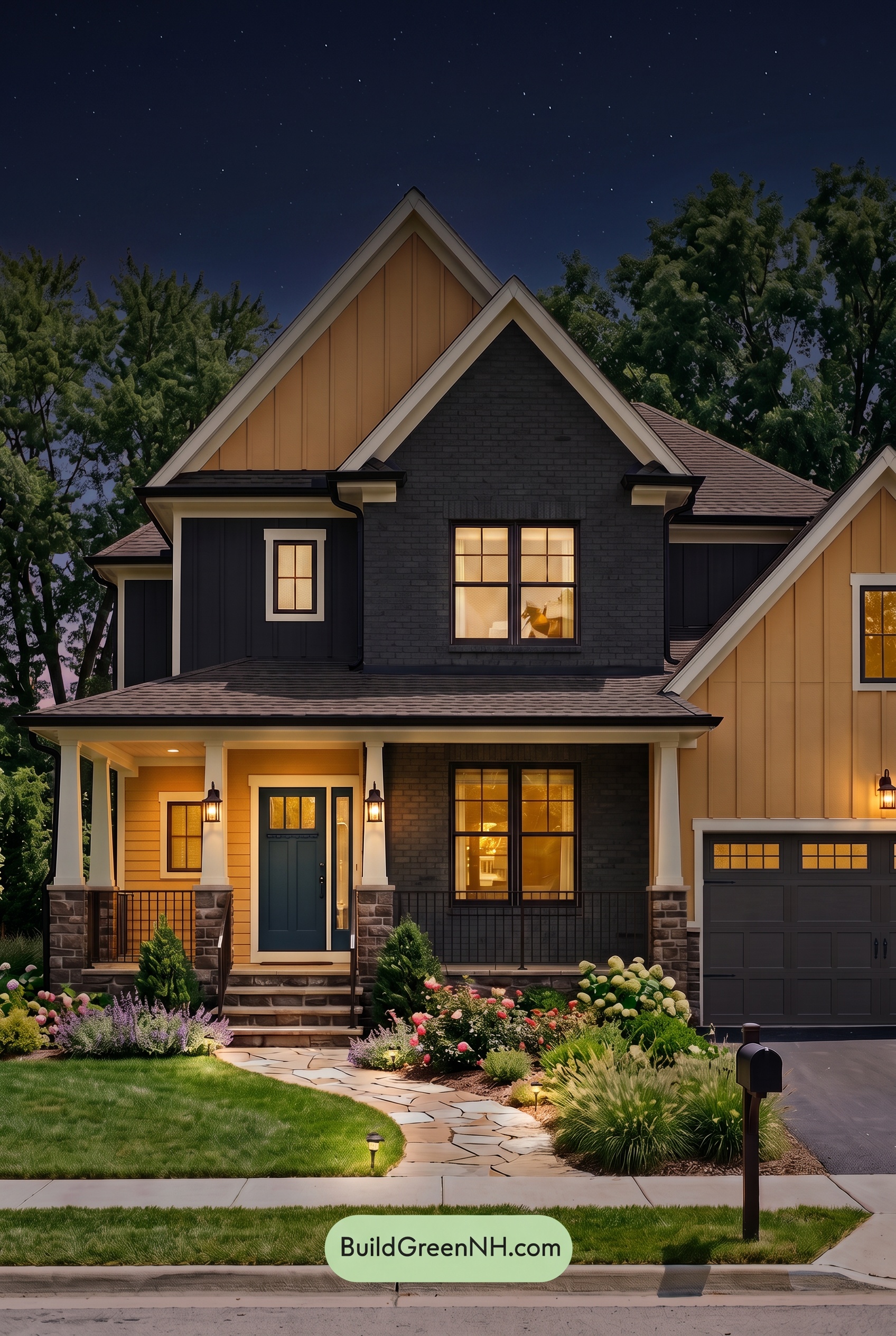 Beige Brick House Exterior Color Scheme: Saffron Onyx Welcome - Nighttime