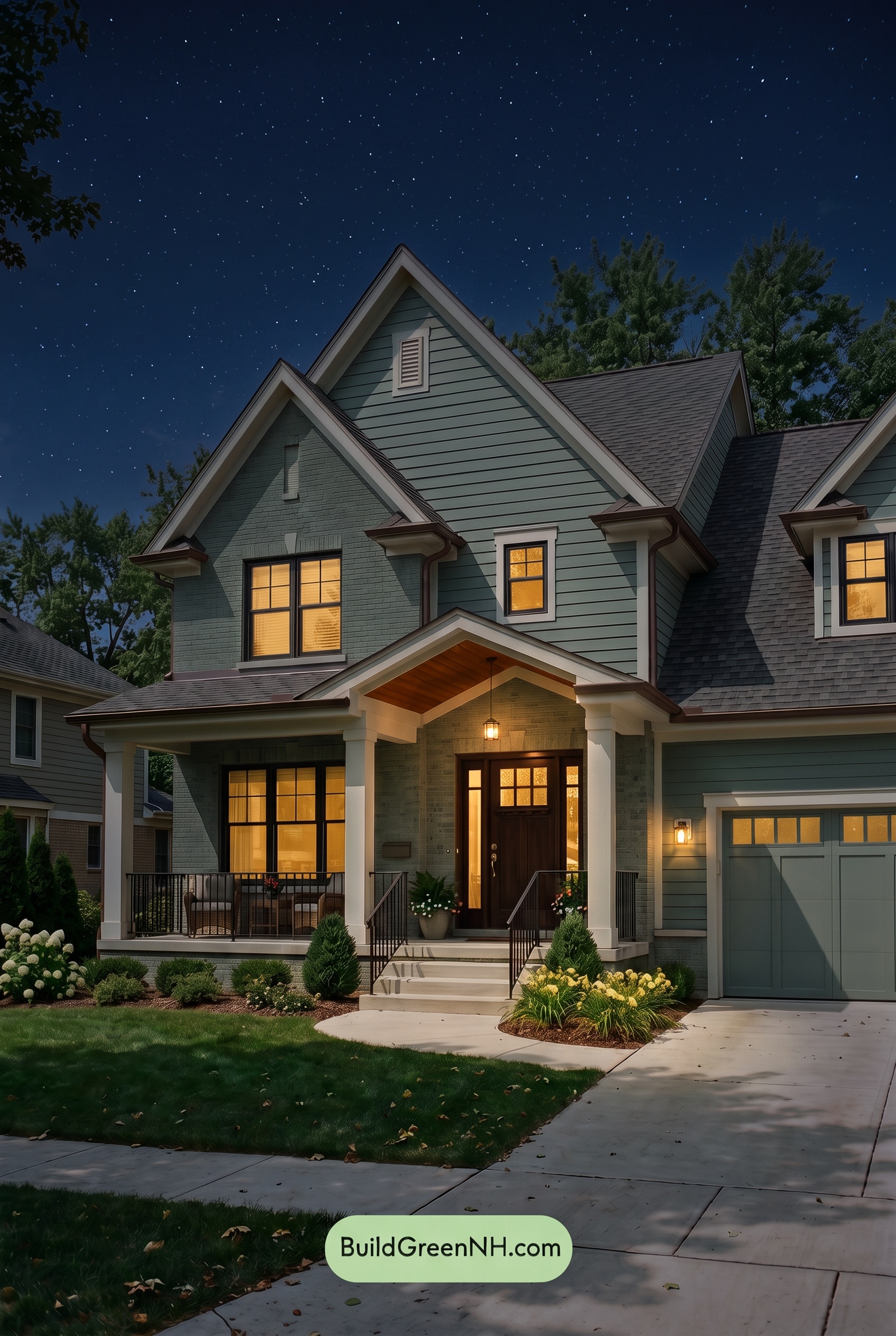 Beige Brick House Exterior Color Scheme: Sage Brick Haven - Nighttime