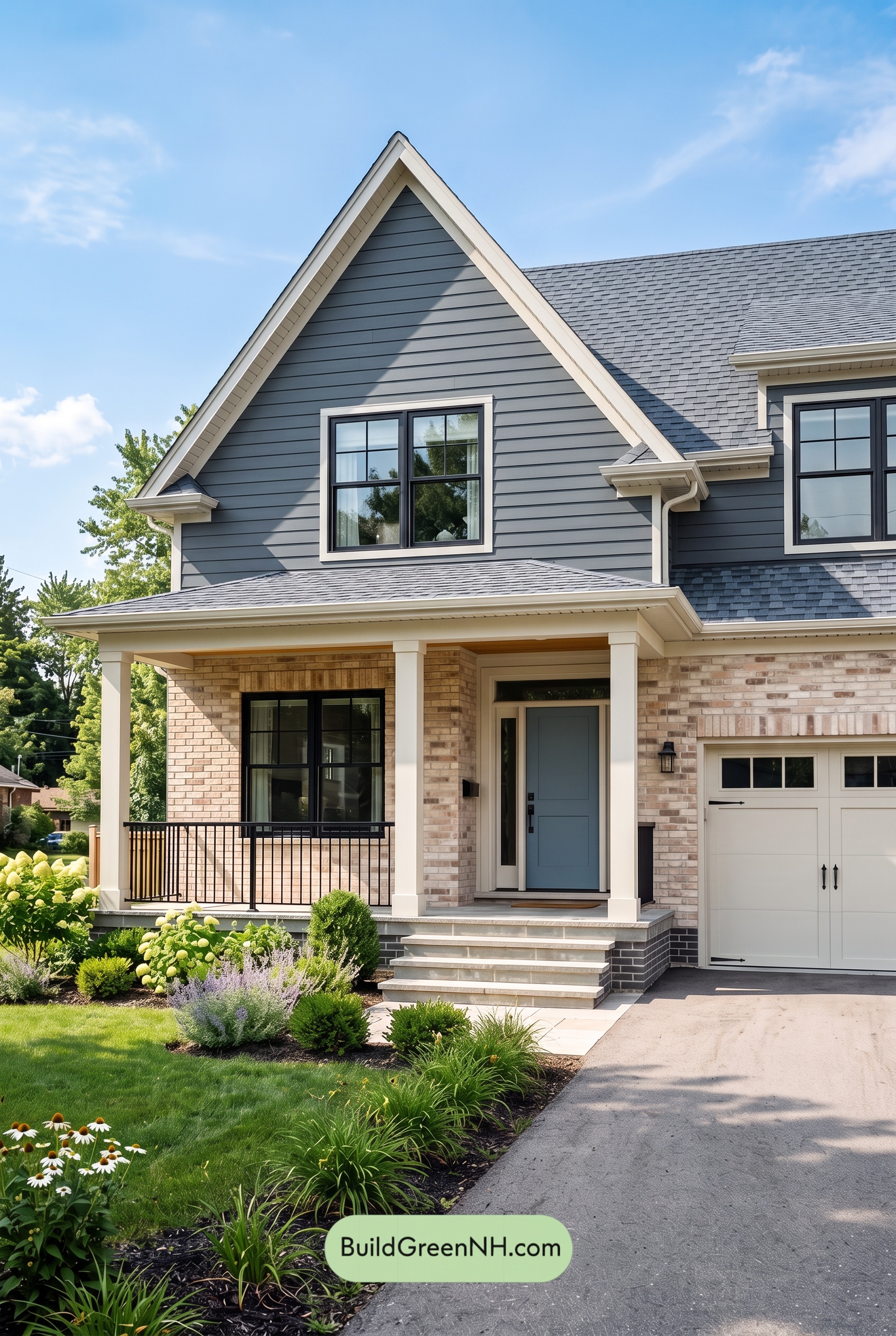 Beige Brick House Exterior Color Scheme: Sandstone Blue Threshold