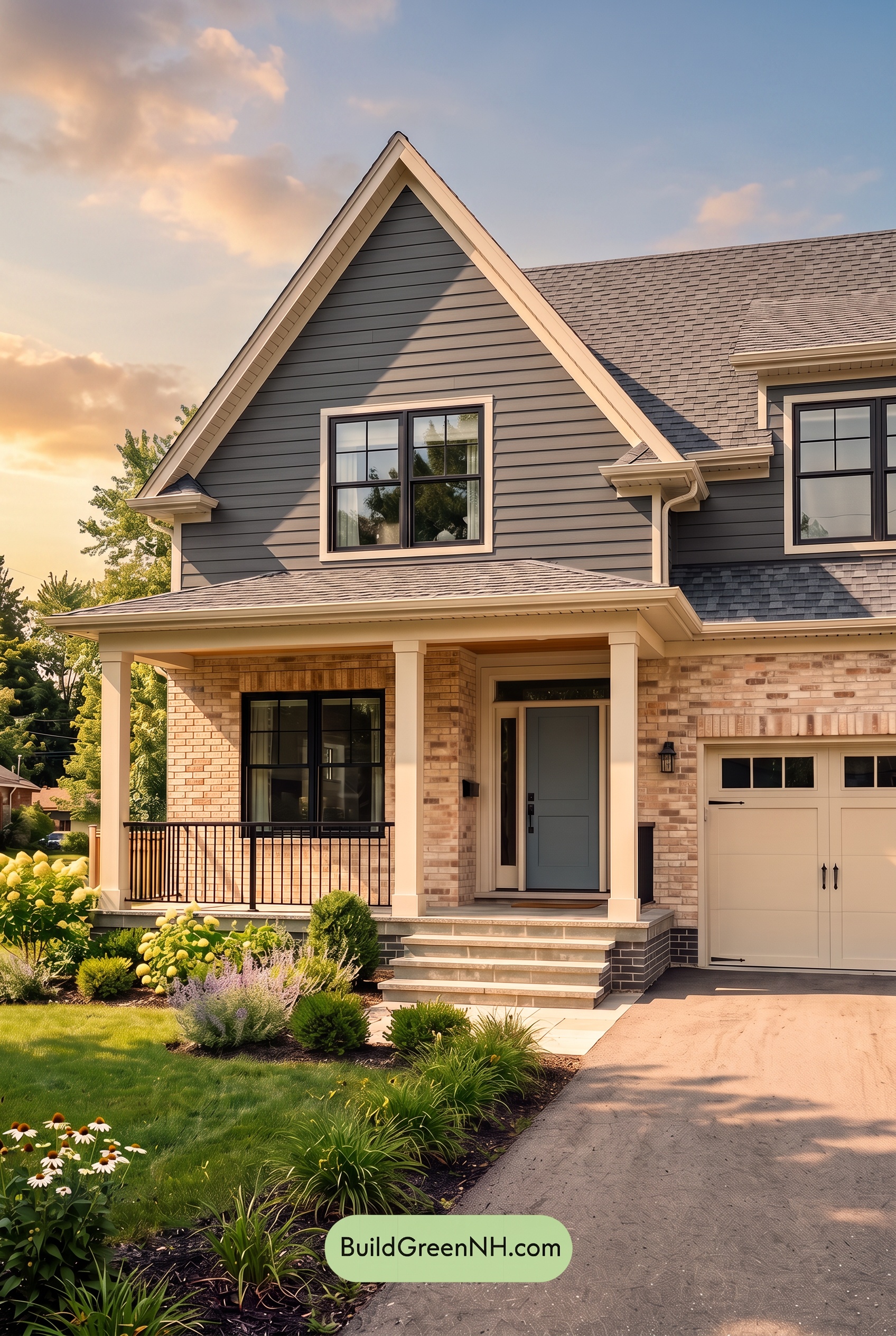 Beige Brick House Exterior Color Scheme: Sandstone Blue Threshold - Golden Hour