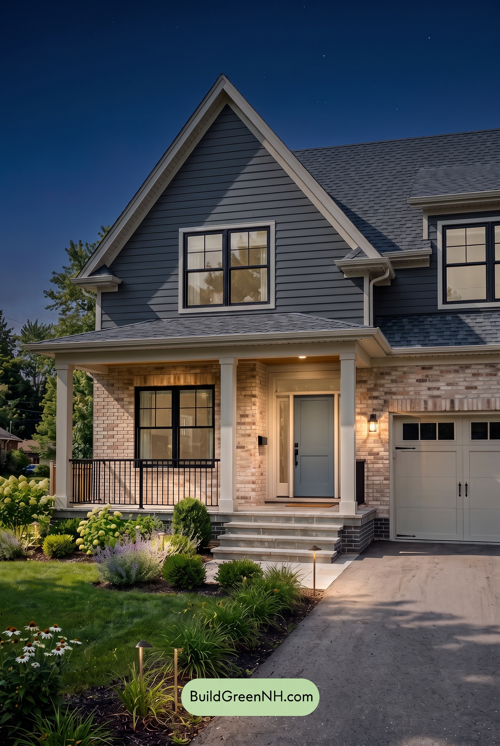 Beige Brick House Exterior Color Scheme: Sandstone Blue Threshold - Nighttime