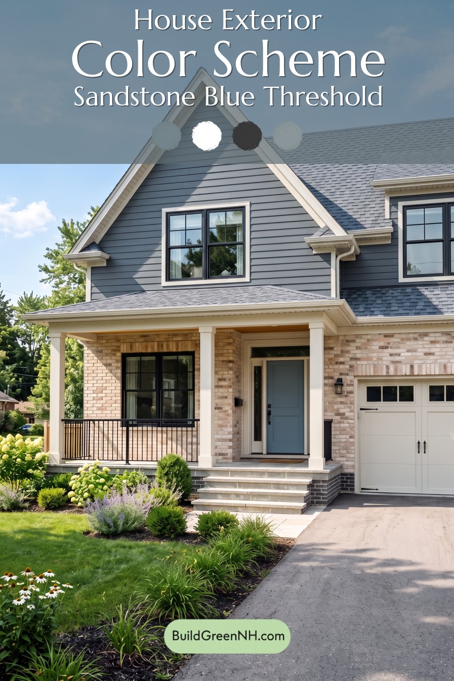 Beige Brick House Exterior Color Scheme: Sandstone Blue Threshold