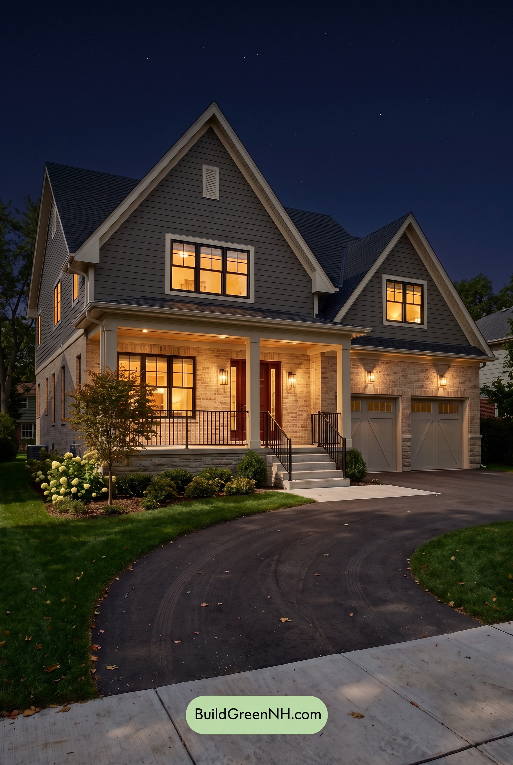 Beige Brick House Exterior Color Scheme: Taupe Ember Welcome - Nighttime