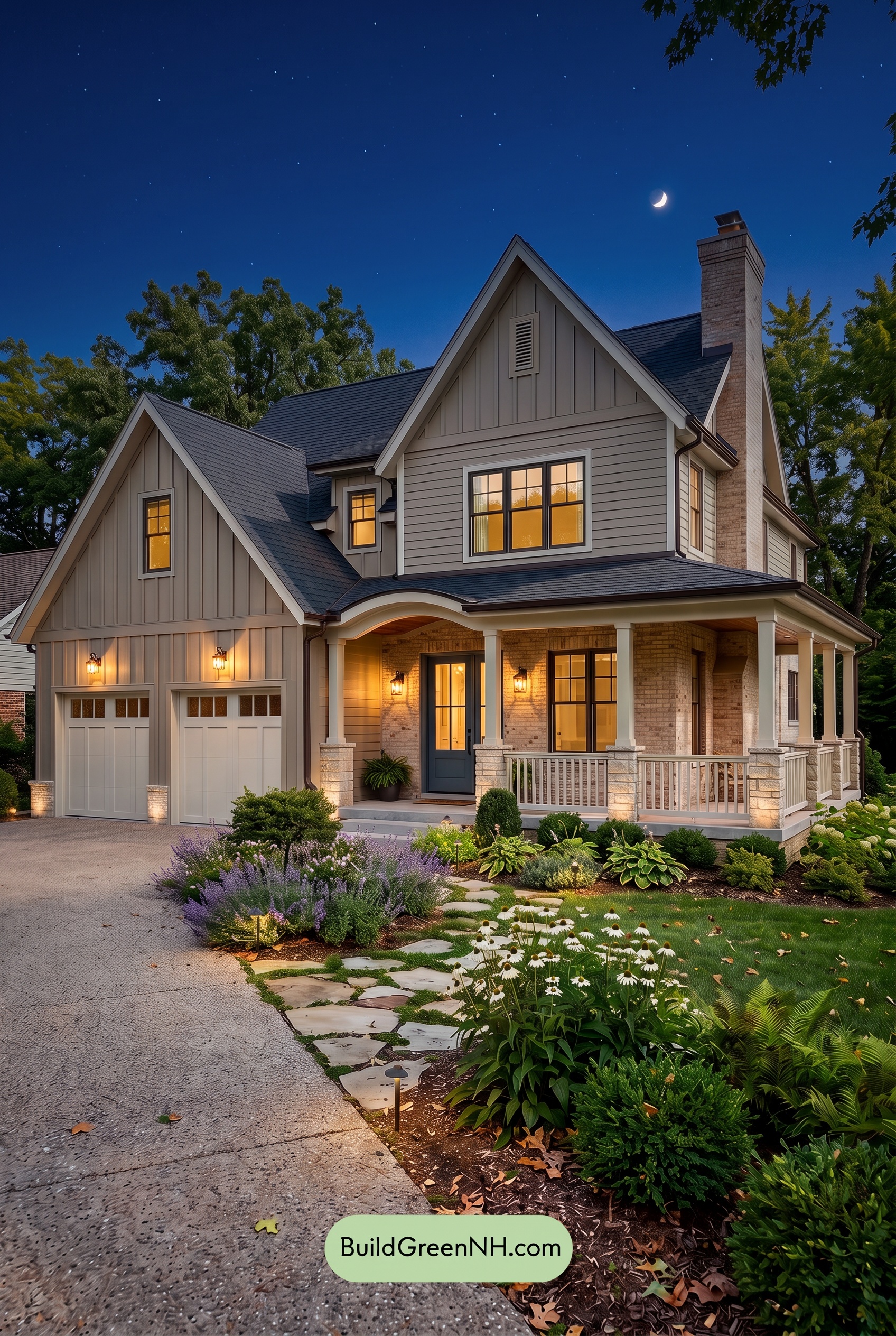 Beige Brick House Exterior Color Scheme: Walnut Quiet Gables - Nighttime