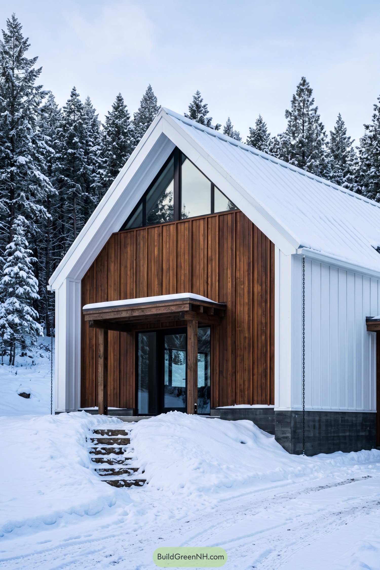 White barn home with cedar gable in snow