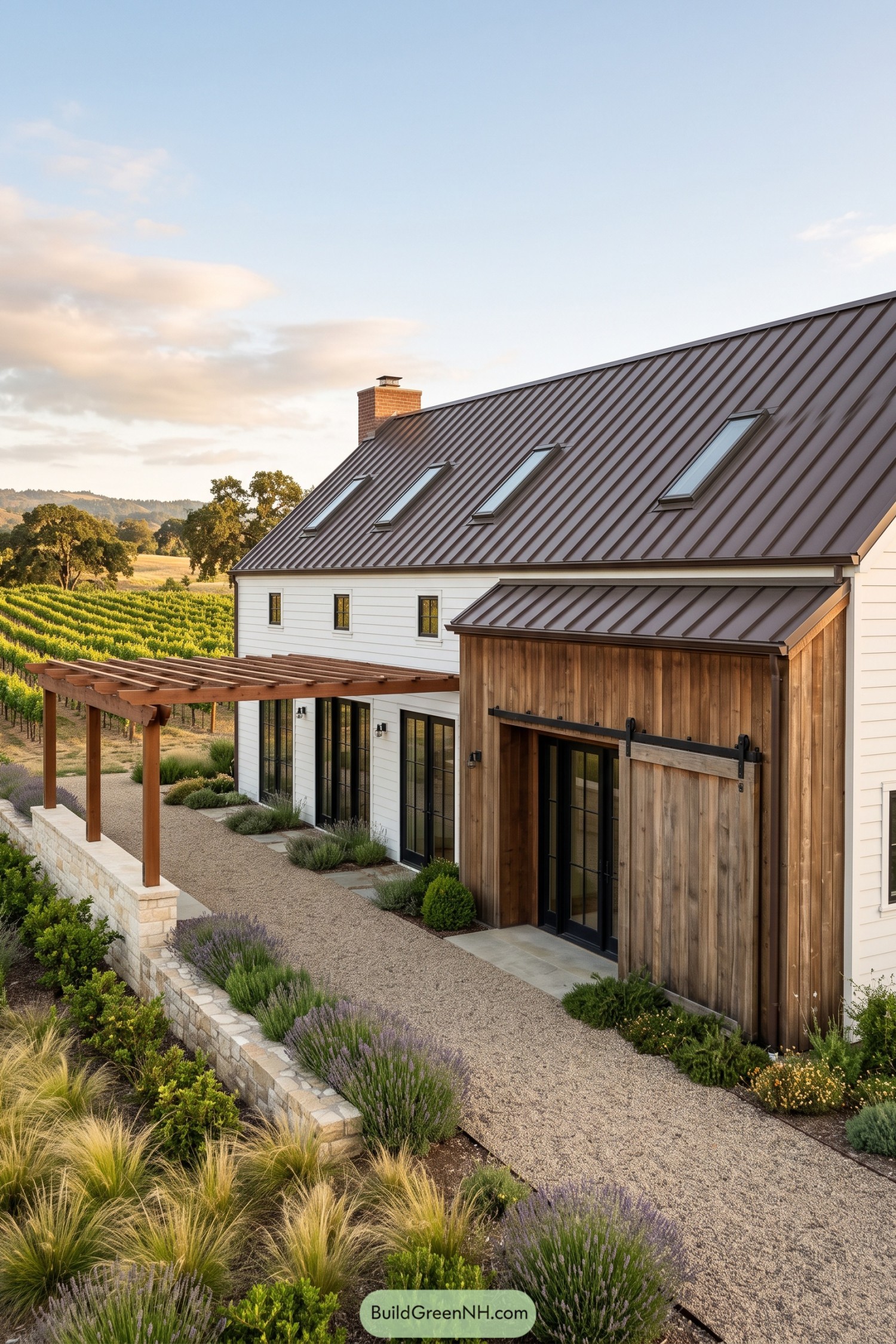 White barn home with wood entry beside vineyards