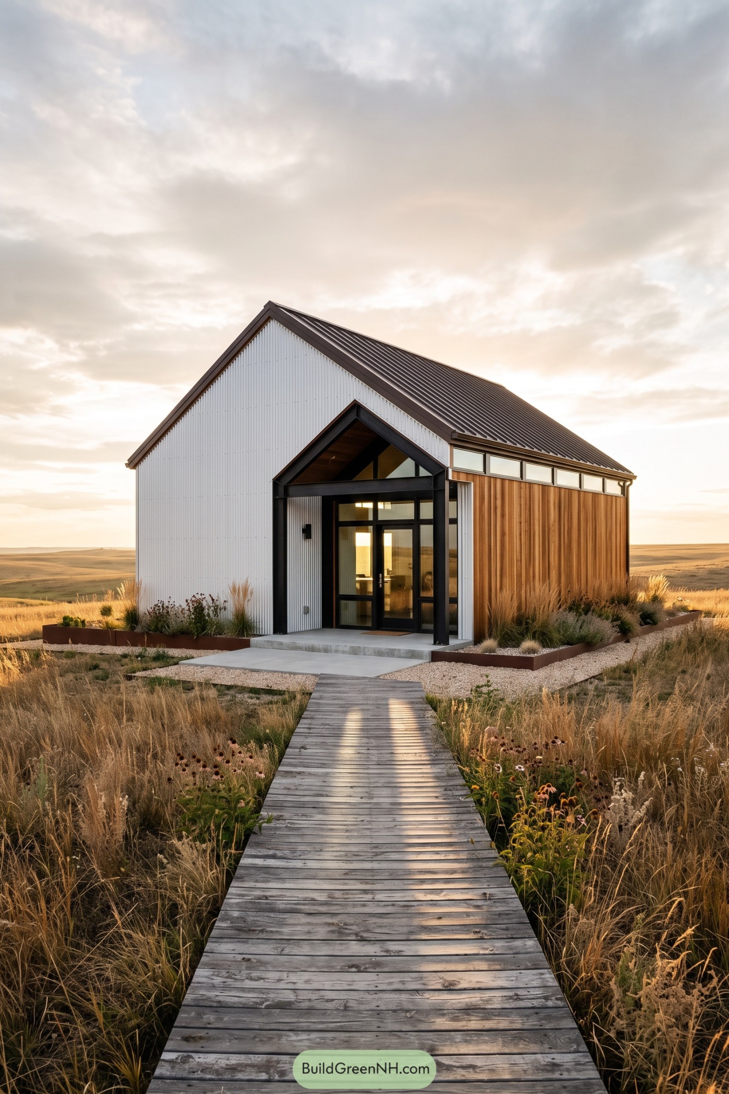 White and timber barn home with black framed entry in native grassland