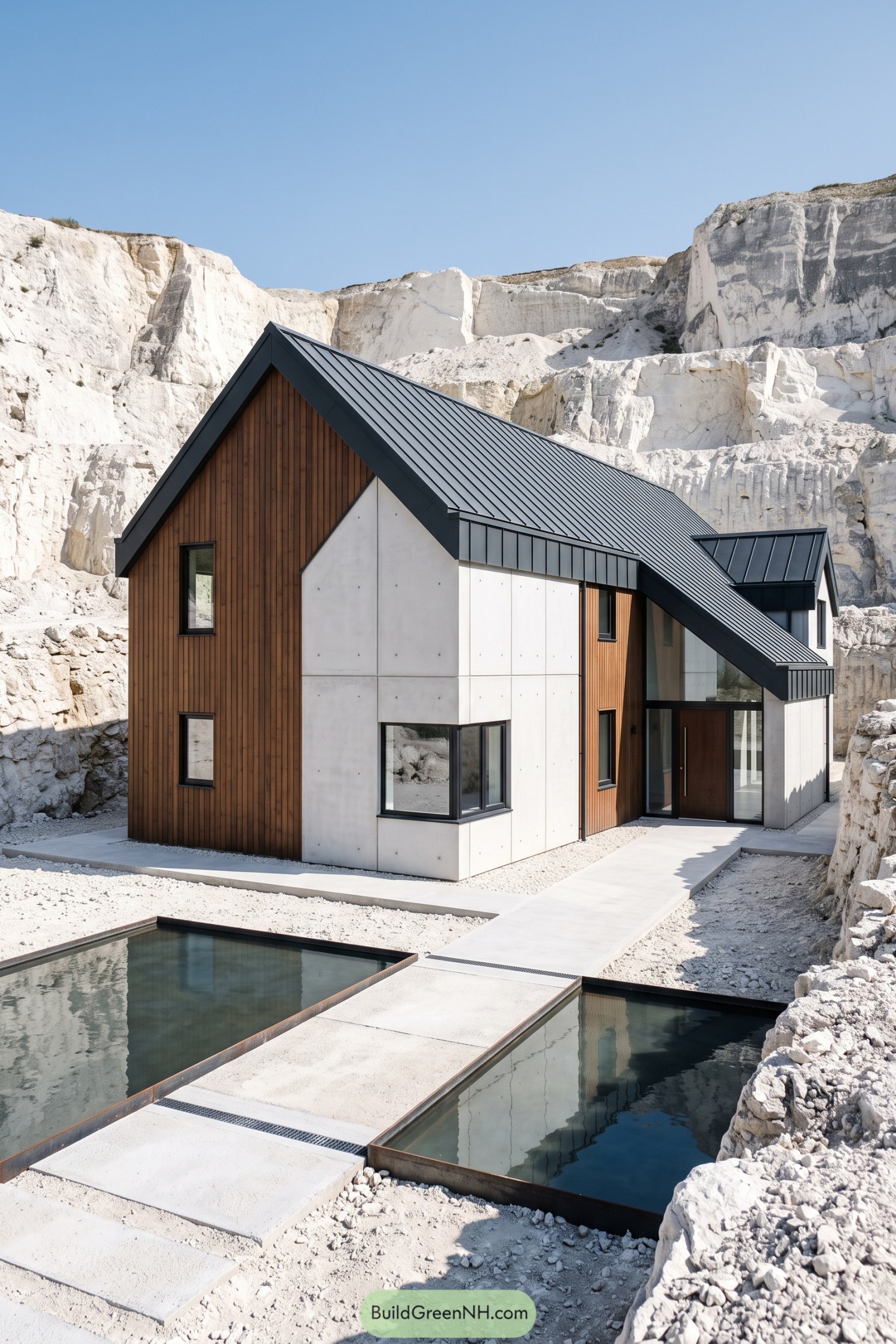 Modern barn home with timber and pale concrete beside reflecting pools
