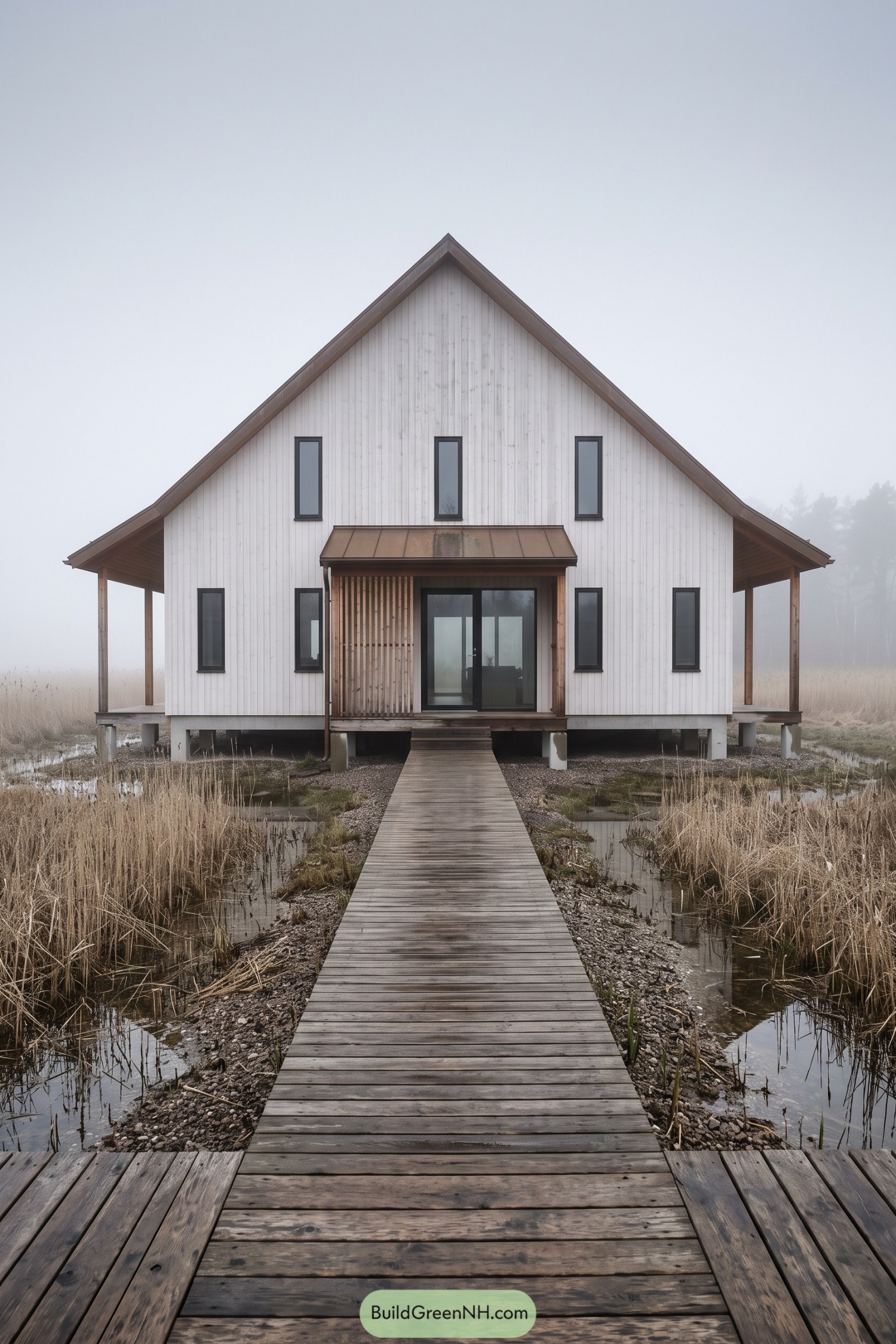 White gabled barn house on stilts above marshland