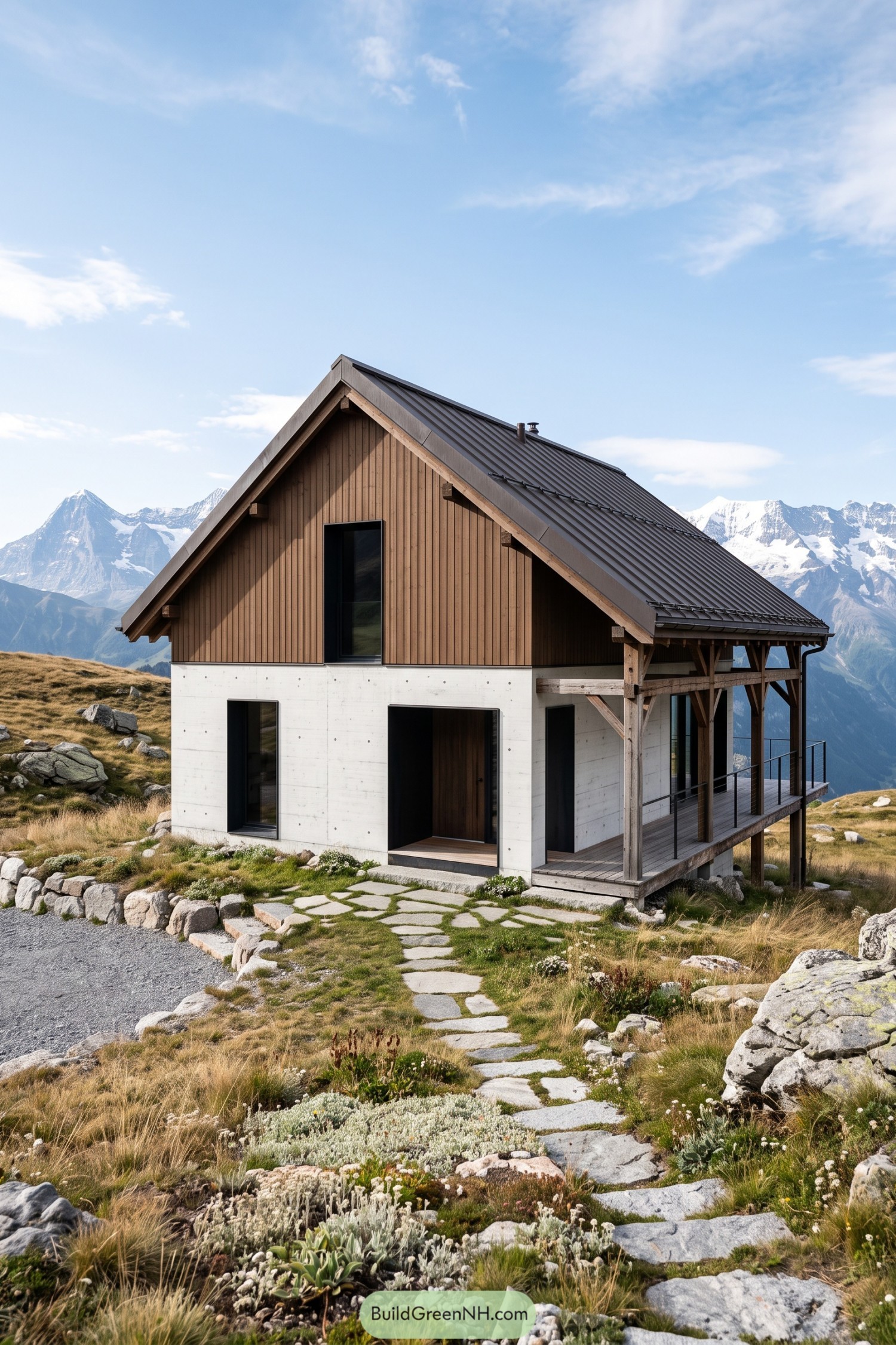 Modern timber and concrete barn house overlooking alpine peaks