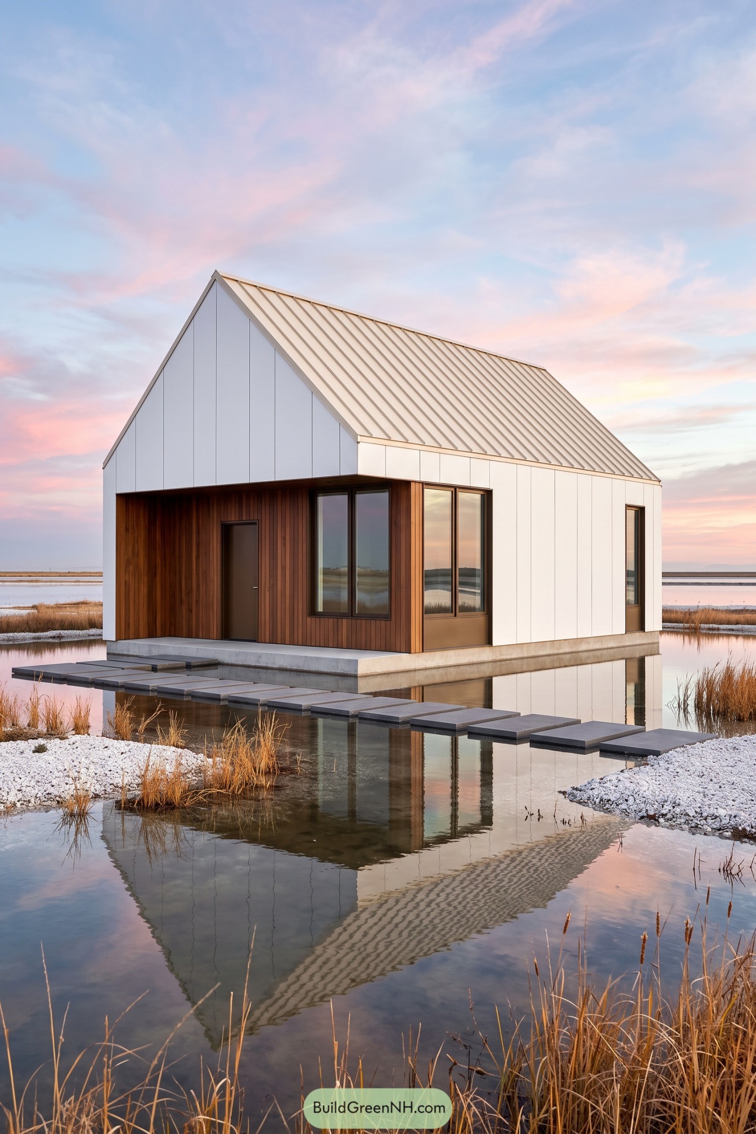 White and timber barn house beside a reflective tidal pool