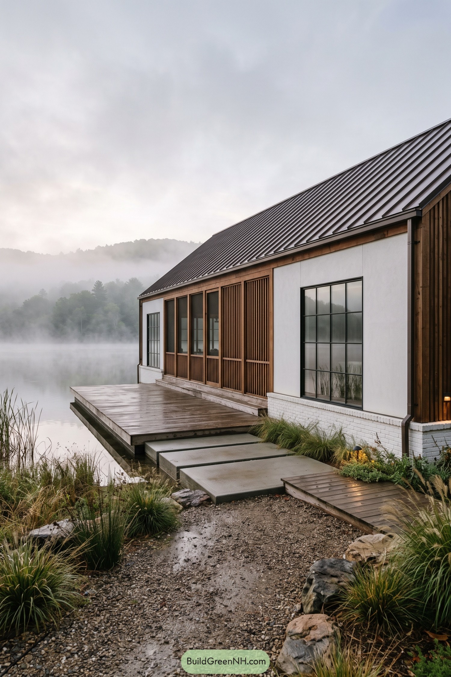 White barn house with wood slats beside a misty lake