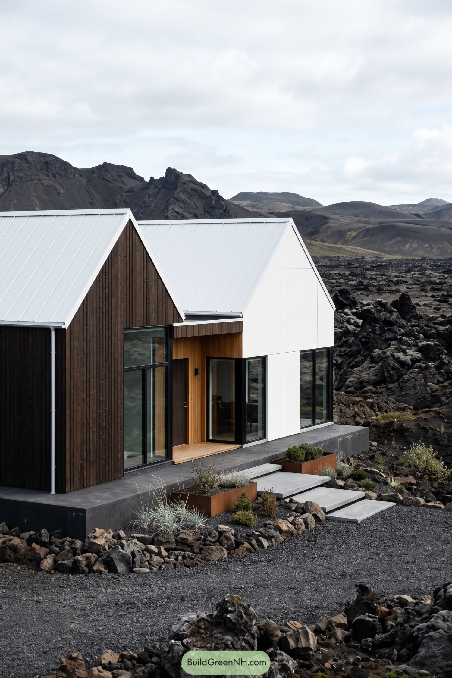 Brown and white barn house beside volcanic rock