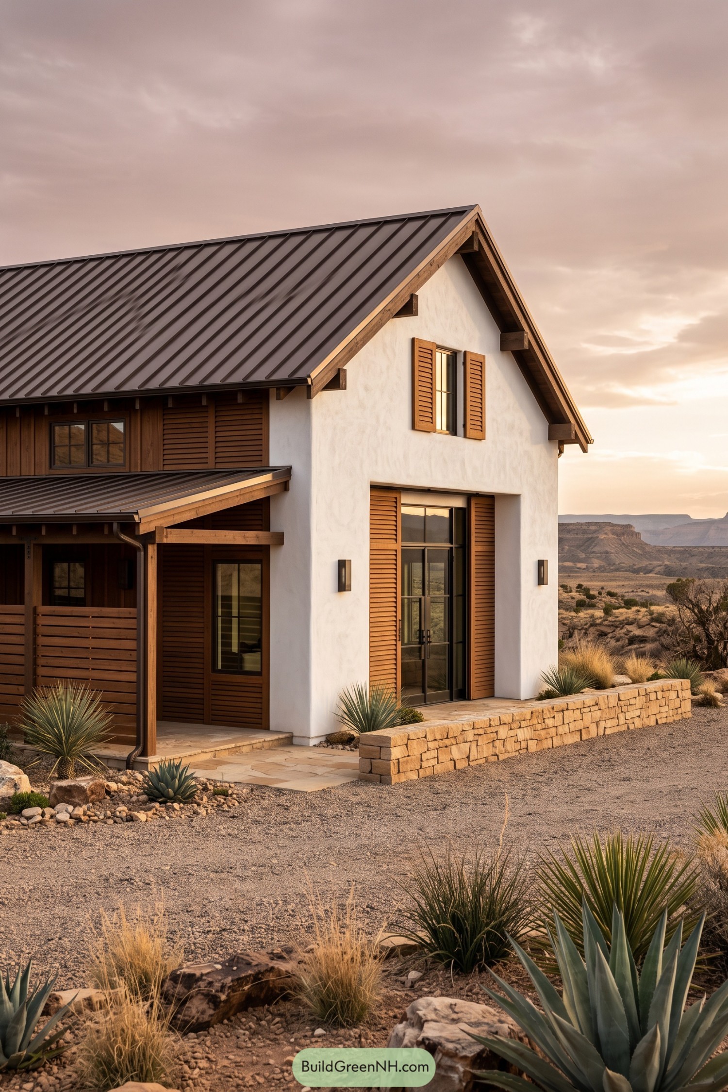 White barn house with timber shutters in desert landscape