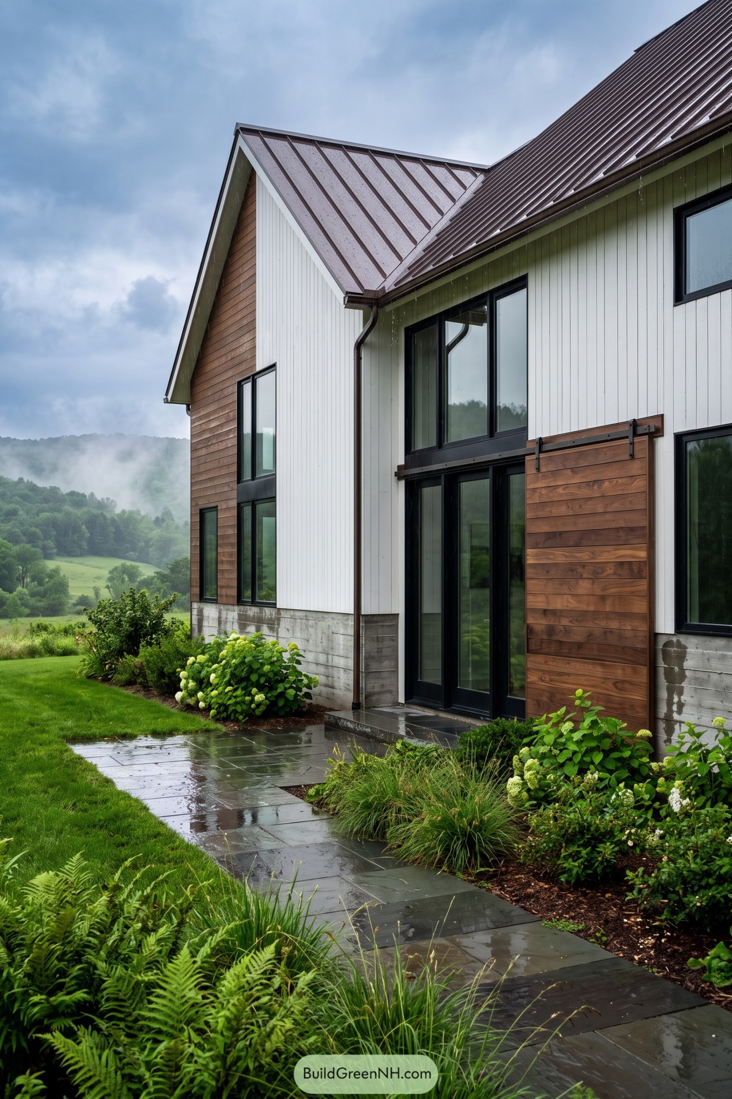 White board-and-batten barn house with walnut cladding and dark metal roof