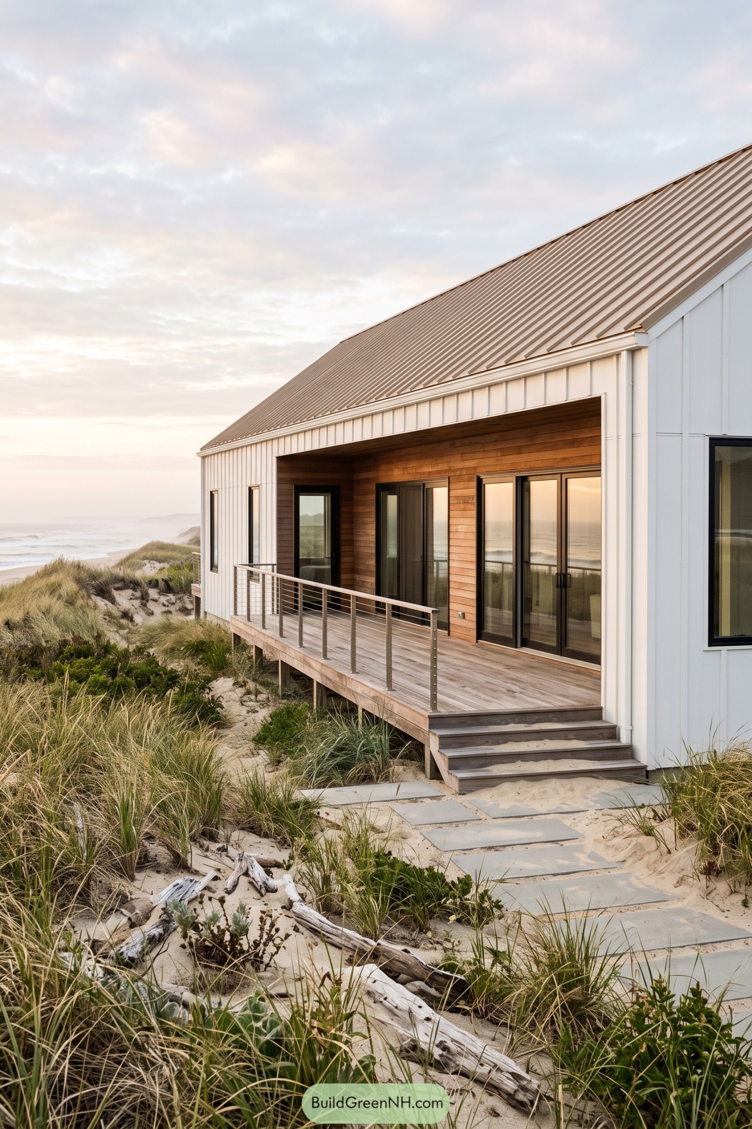 White barn home with cedar porch beside dunes