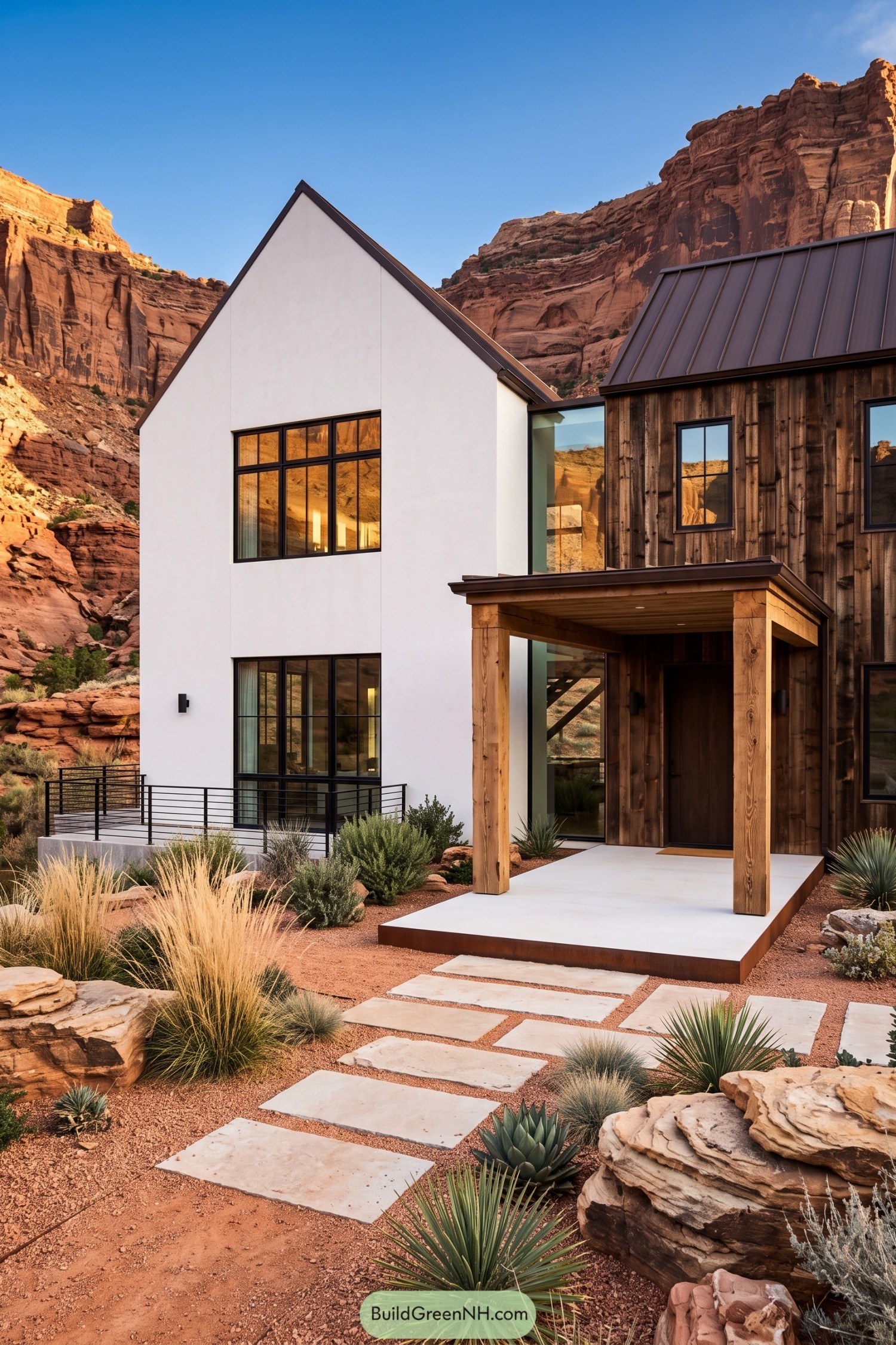 White and timber barn home beneath red canyon cliffs