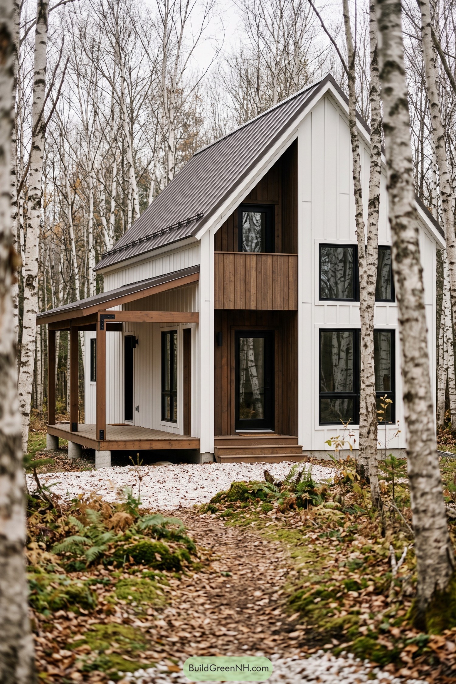 White and walnut barn cabin nestled among slender birch trees