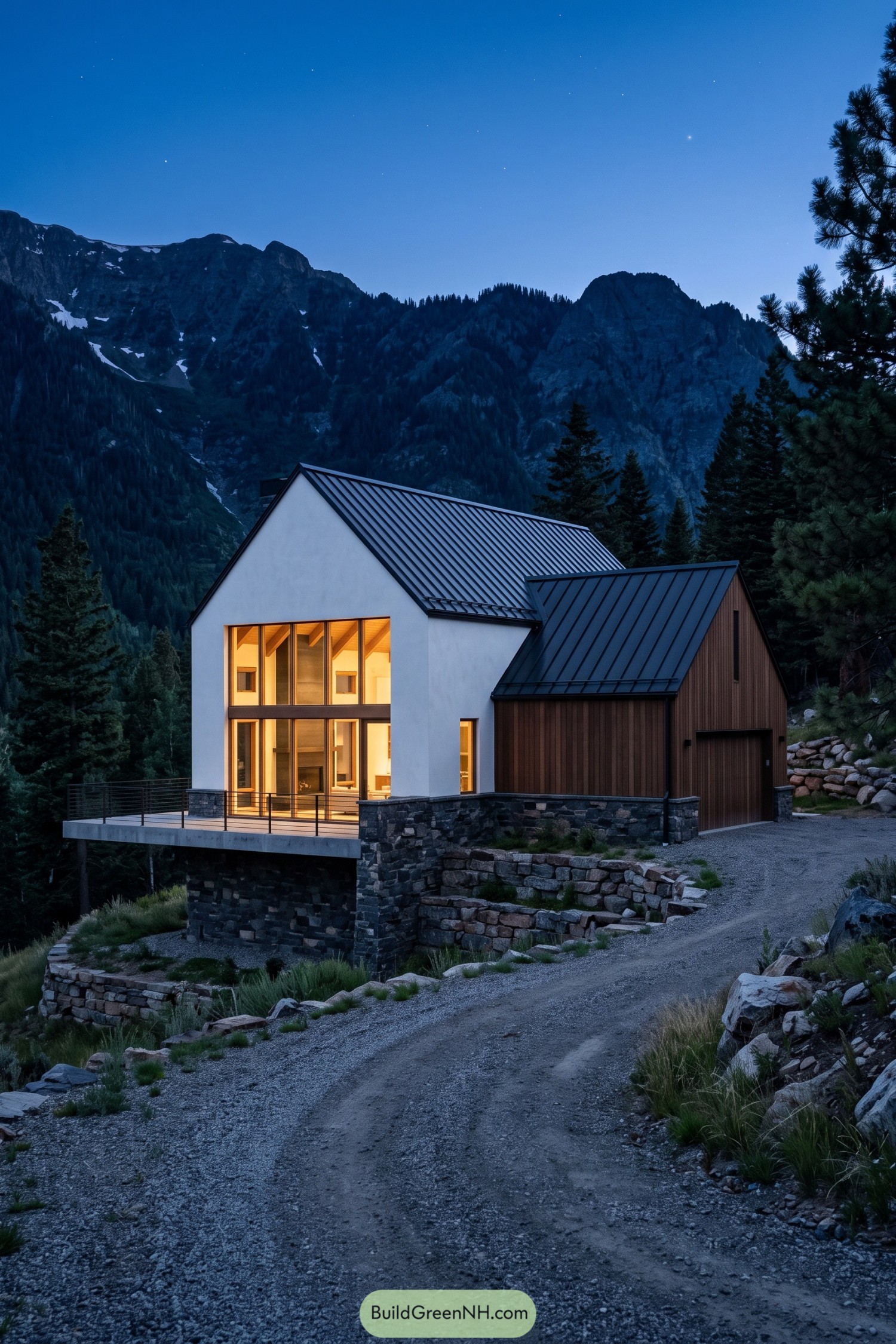 White and timber barn home beneath mountain peaks at dusk