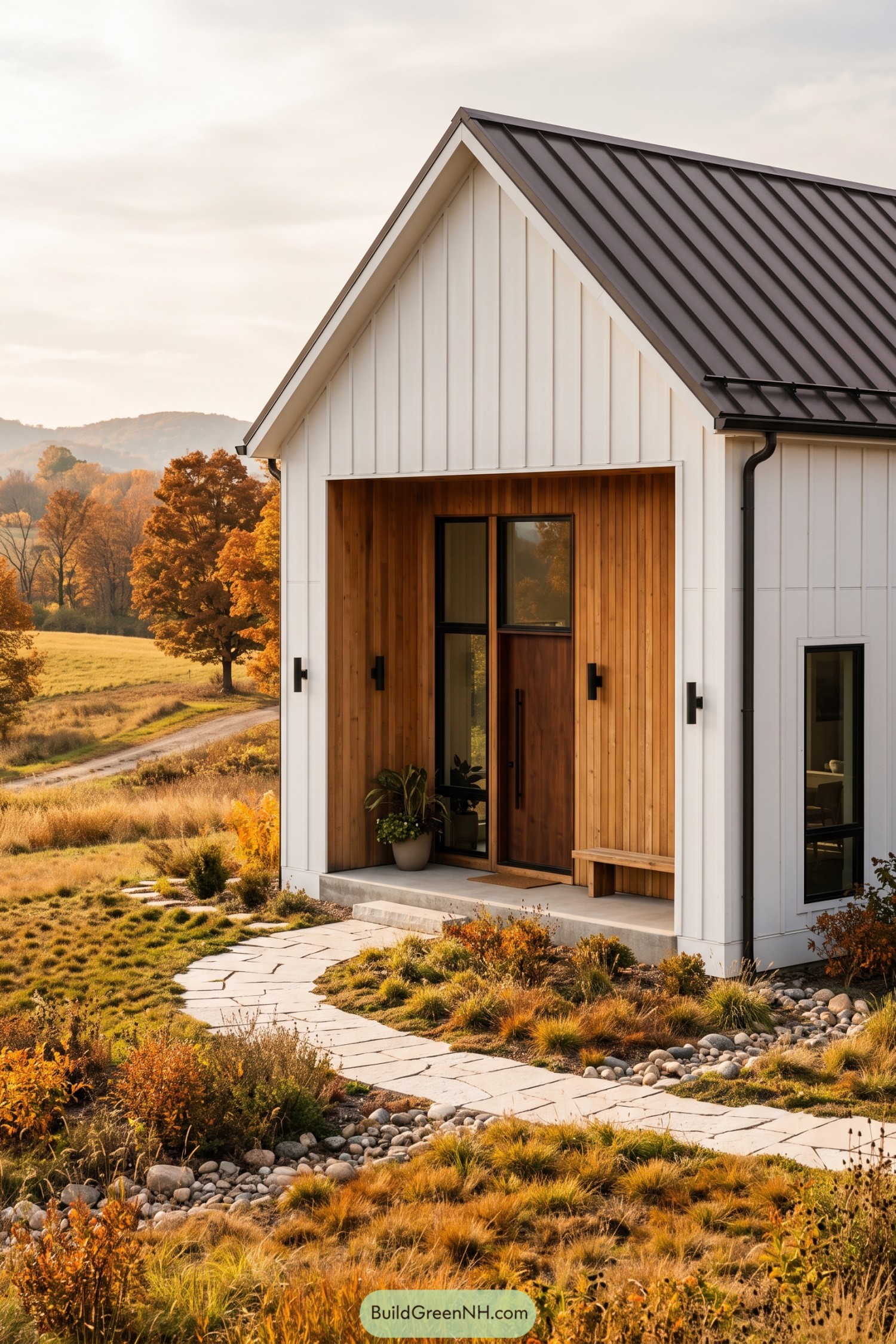 White modern barn house with timber porch and black metal roof