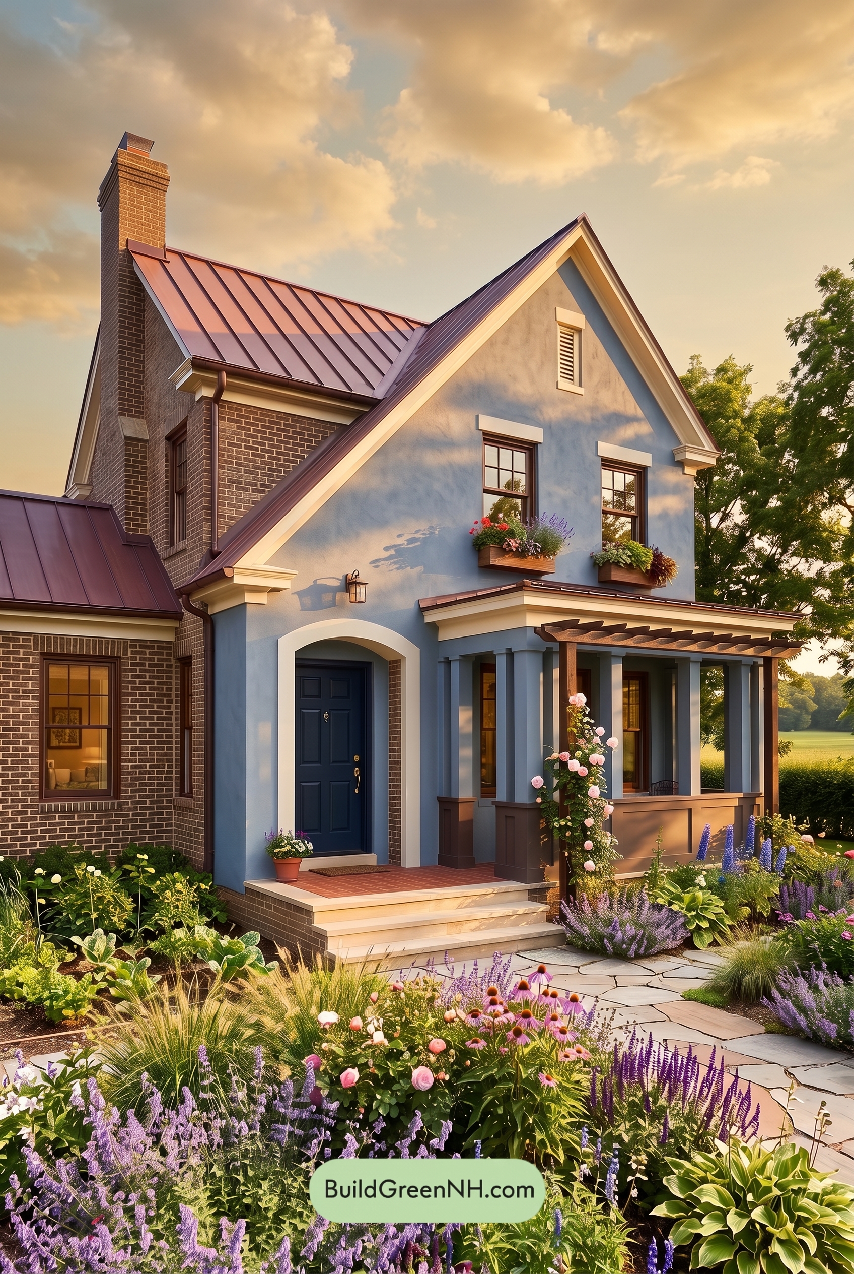 Brown Brick House Exterior Color Scheme: Azure Hearth - Golden Hour