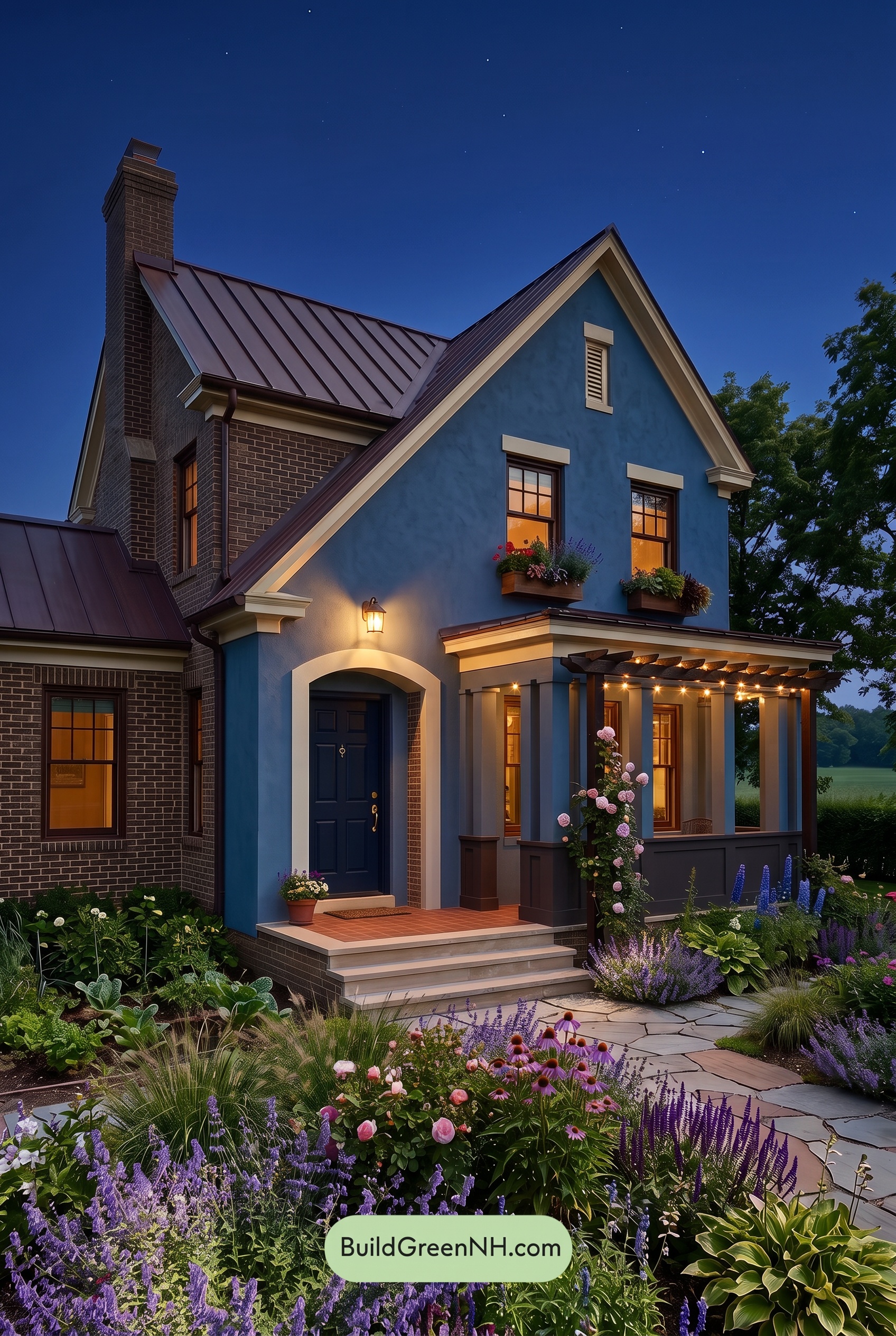 Brown Brick House Exterior Color Scheme: Azure Hearth - Nighttime