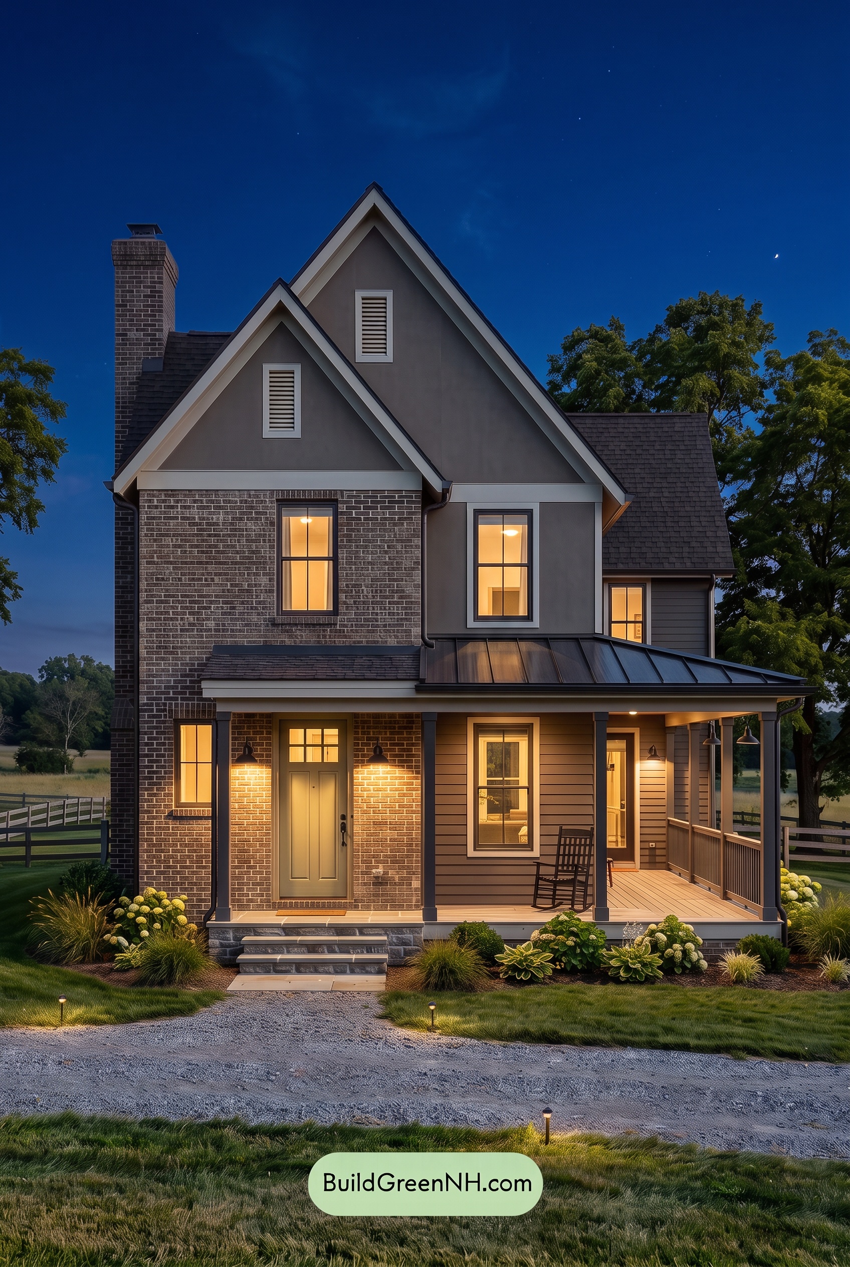 Brown Brick House Exterior Color Scheme: Bronze Stillness - Nighttime