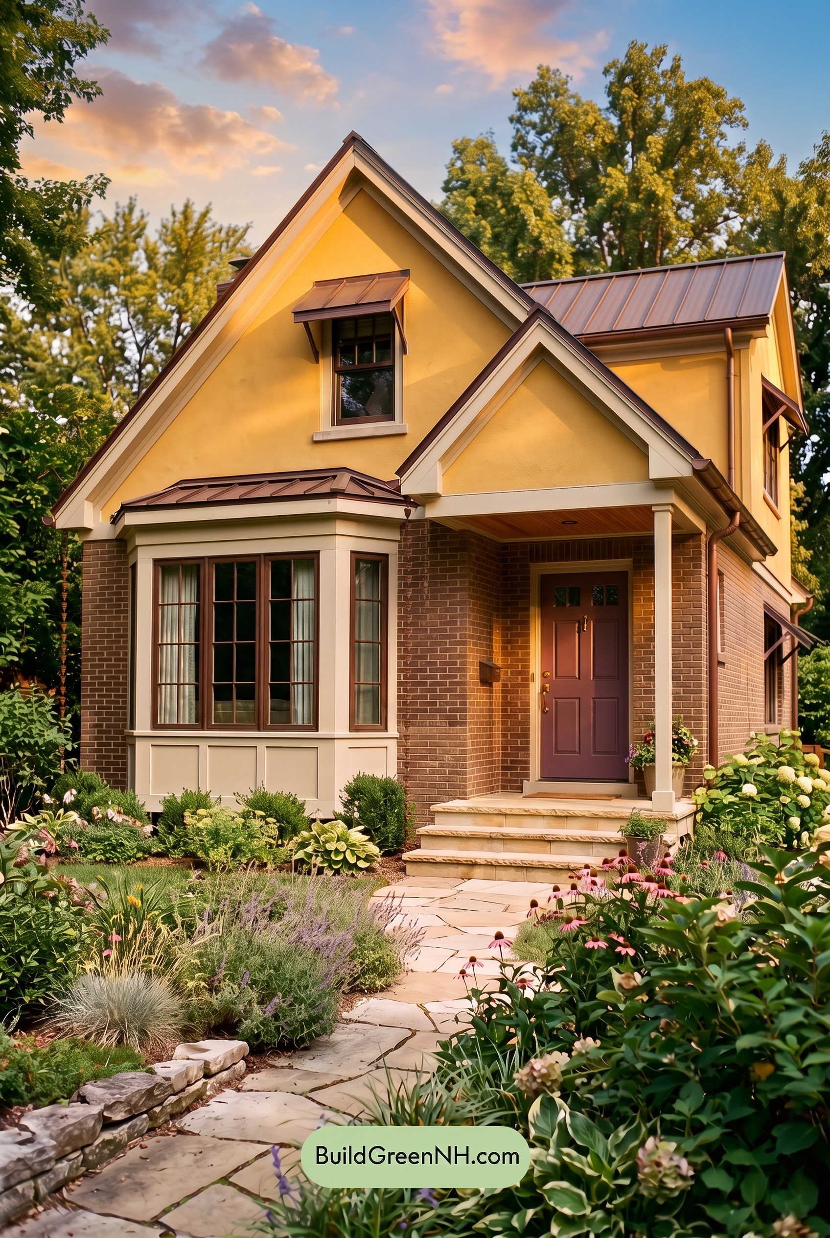Brown Brick House Exterior Color Scheme: Buttercup Measure - Golden Hour