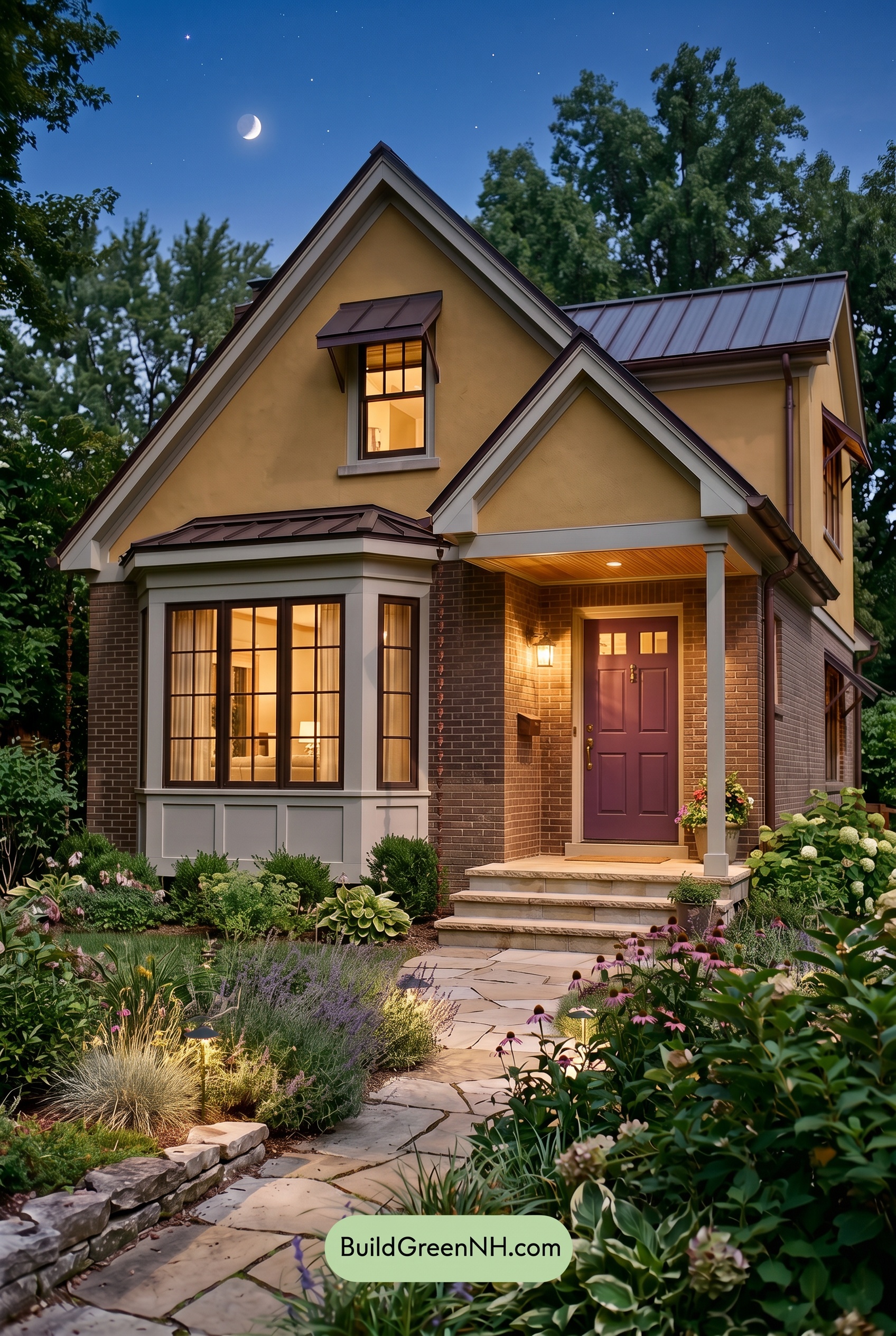 Brown Brick House Exterior Color Scheme: Buttercup Measure - Nighttime