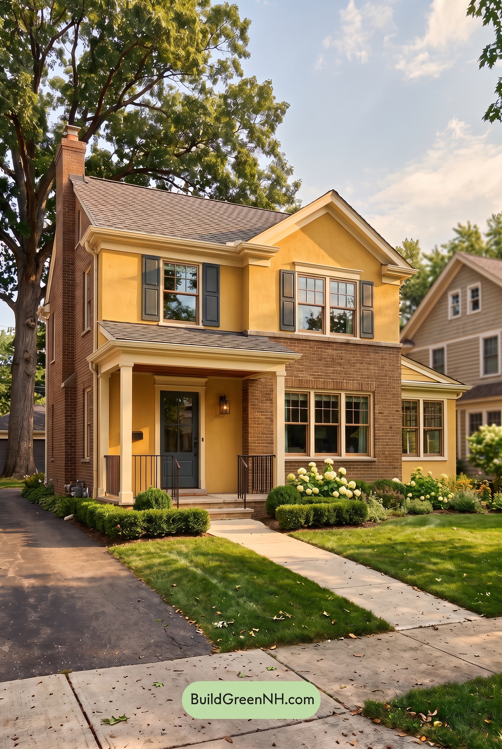 Brown Brick House Exterior Color Scheme: Citron Quietude - Golden Hour