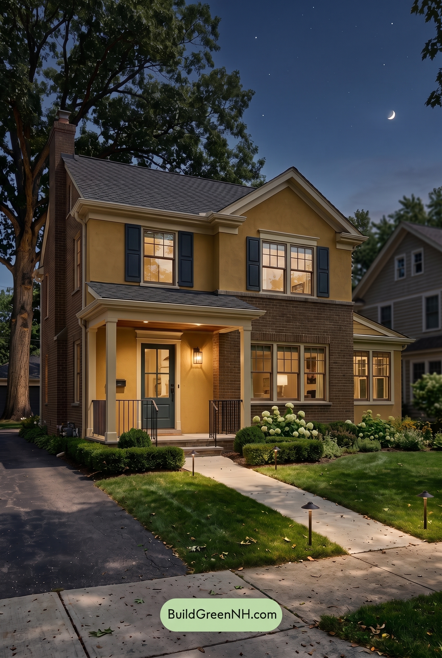 Brown Brick House Exterior Color Scheme: Citron Quietude - Nighttime