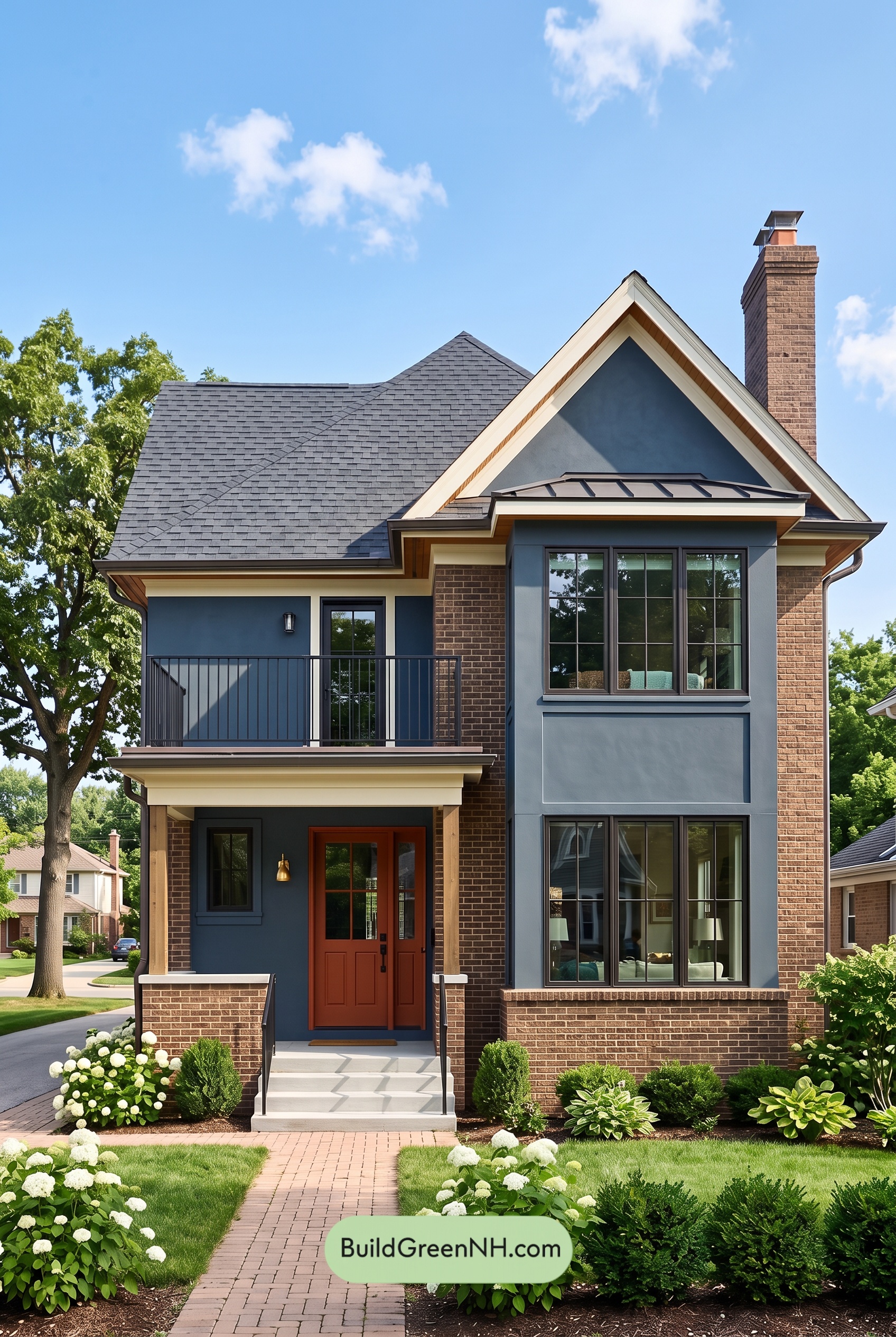 Brown Brick House Exterior Color Scheme: Cobalt Daybreak