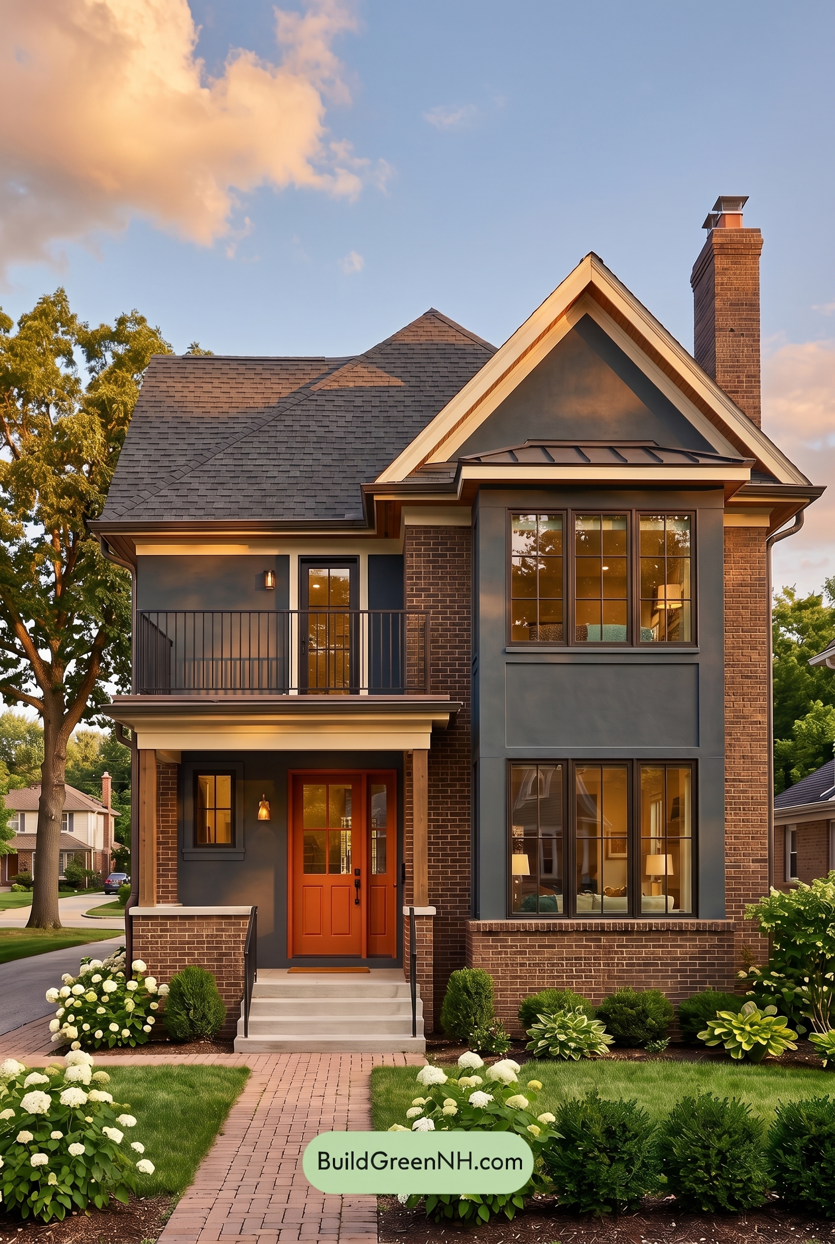 Brown Brick House Exterior Color Scheme: Cobalt Daybreak - Golden Hour