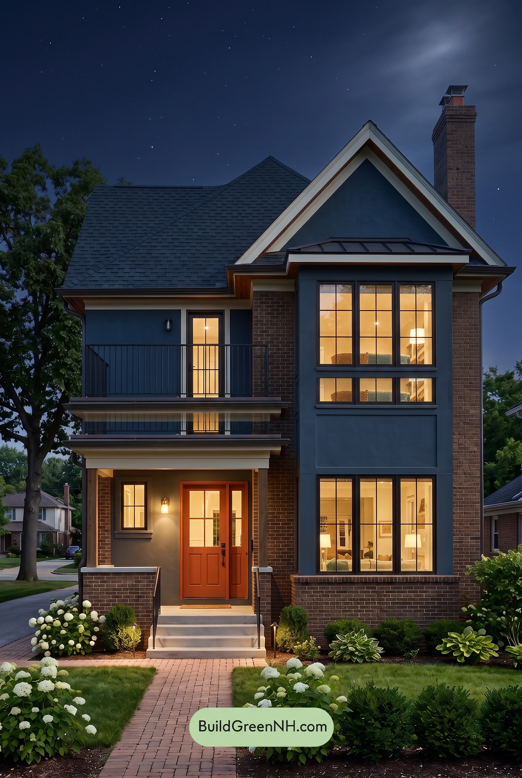 Brown Brick House Exterior Color Scheme: Cobalt Daybreak - Nighttime