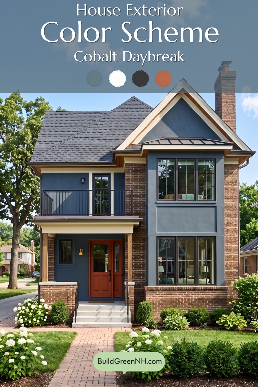 Brown Brick House Exterior Color Scheme: Cobalt Daybreak