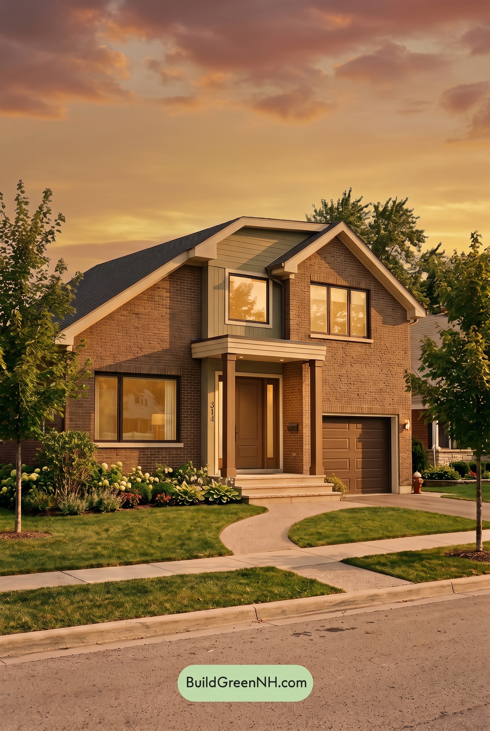 Brown Brick House Exterior Color Scheme: Cocoa Porchlight - Golden Hour