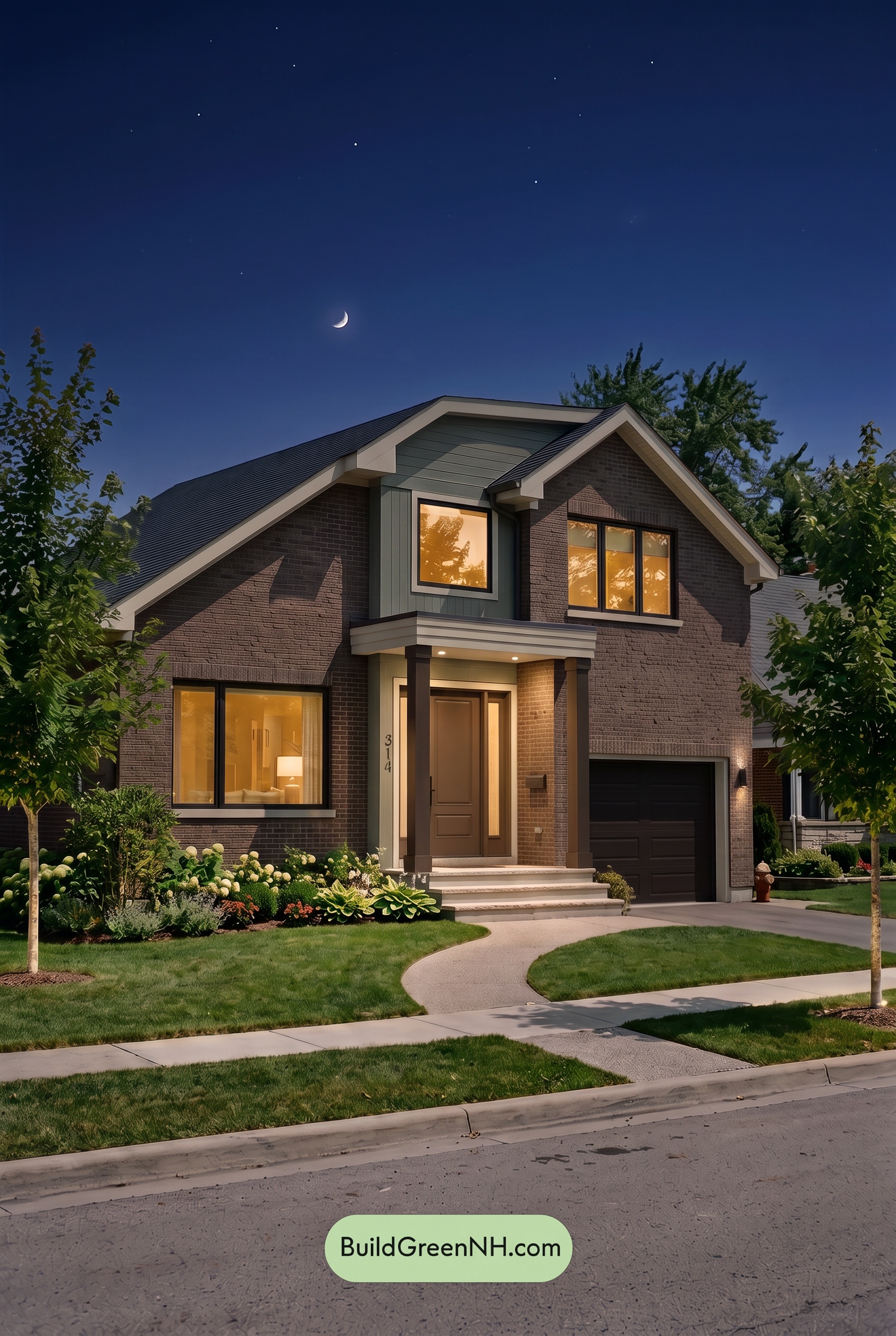 Brown Brick House Exterior Color Scheme: Cocoa Porchlight - Nighttime
