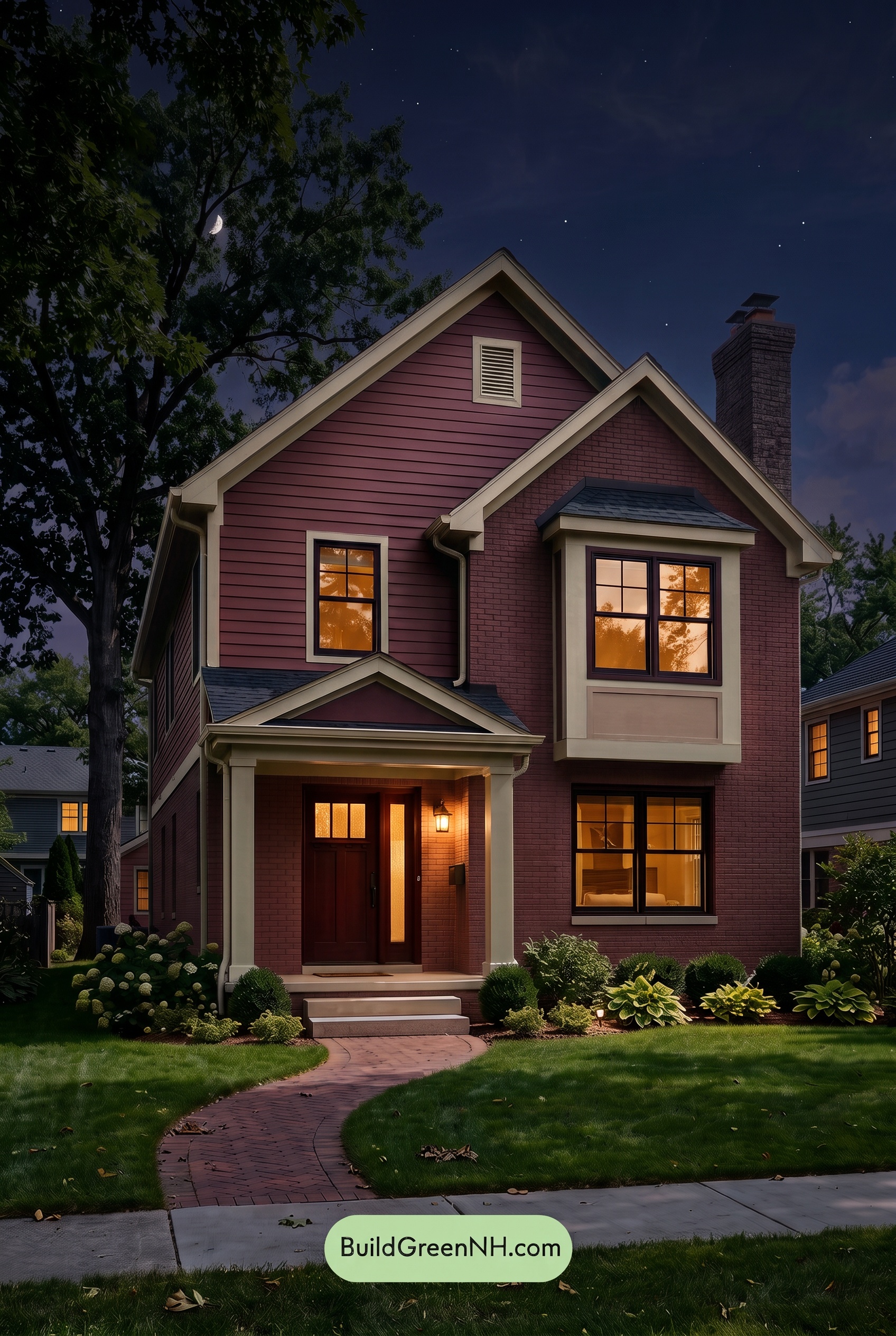 Brown Brick House Exterior Color Scheme: Ember Veranda - Nighttime