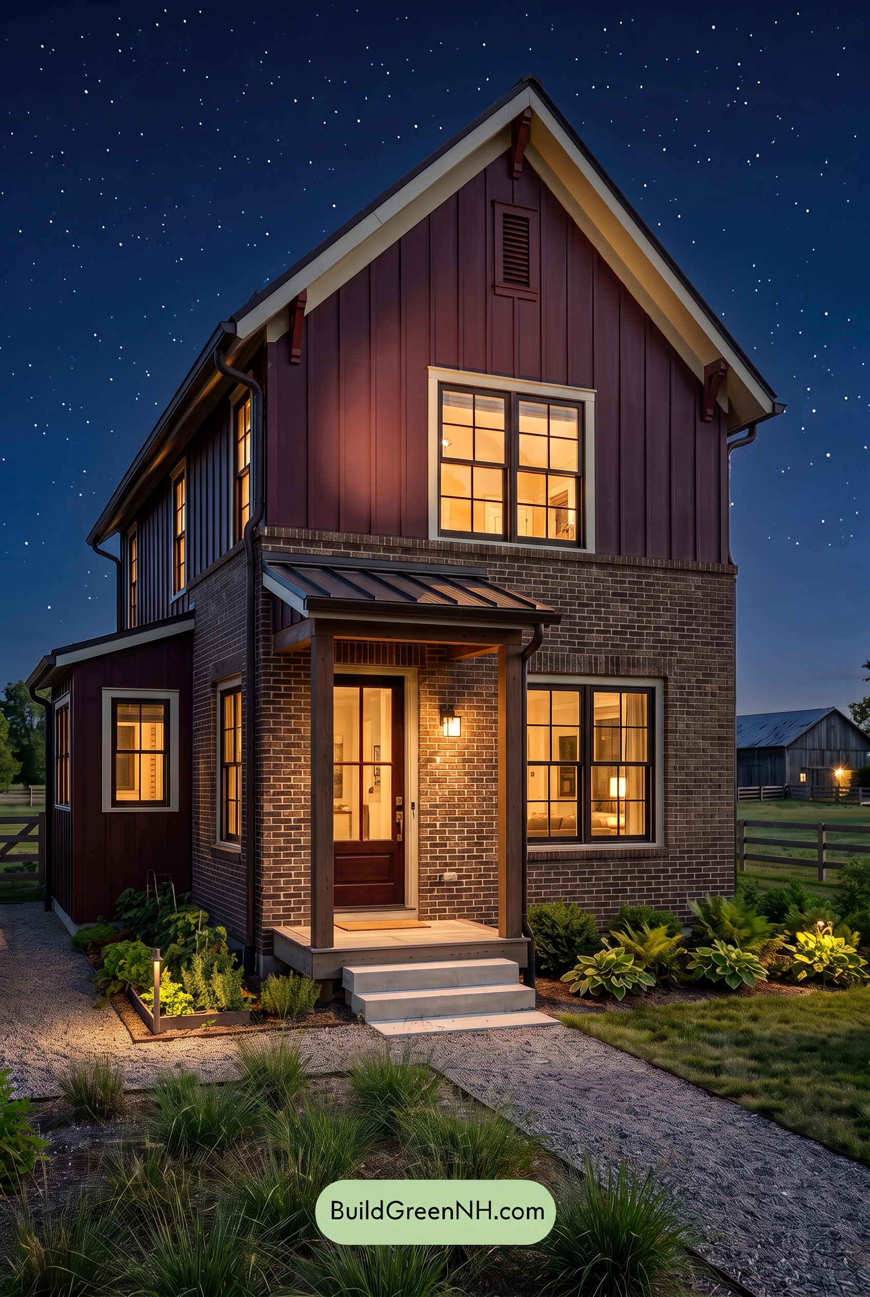 Brown Brick House Exterior Color Scheme: Garnet Homestead - Nighttime