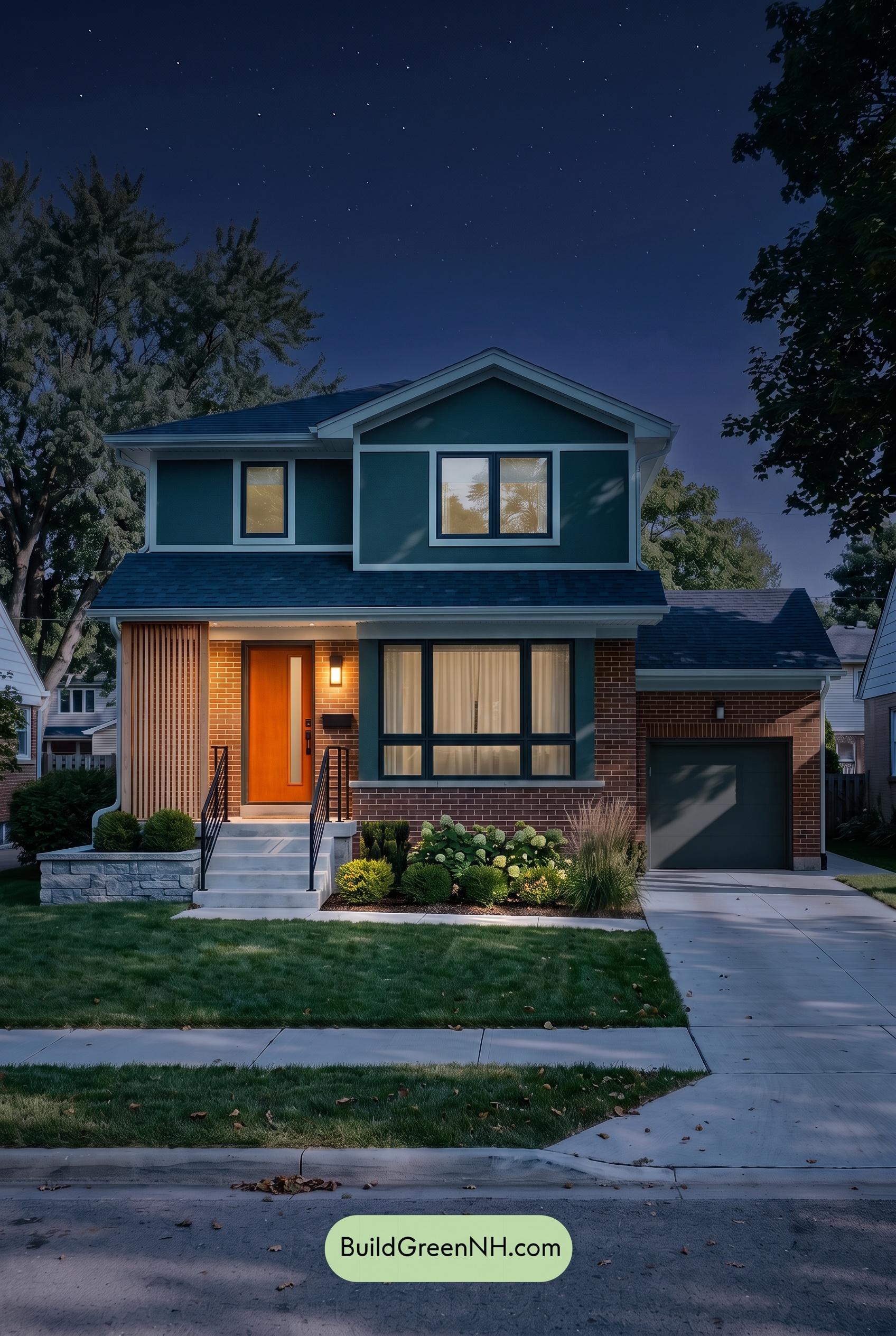 Brown Brick House Exterior Color Scheme: Juniper Signal - Nighttime
