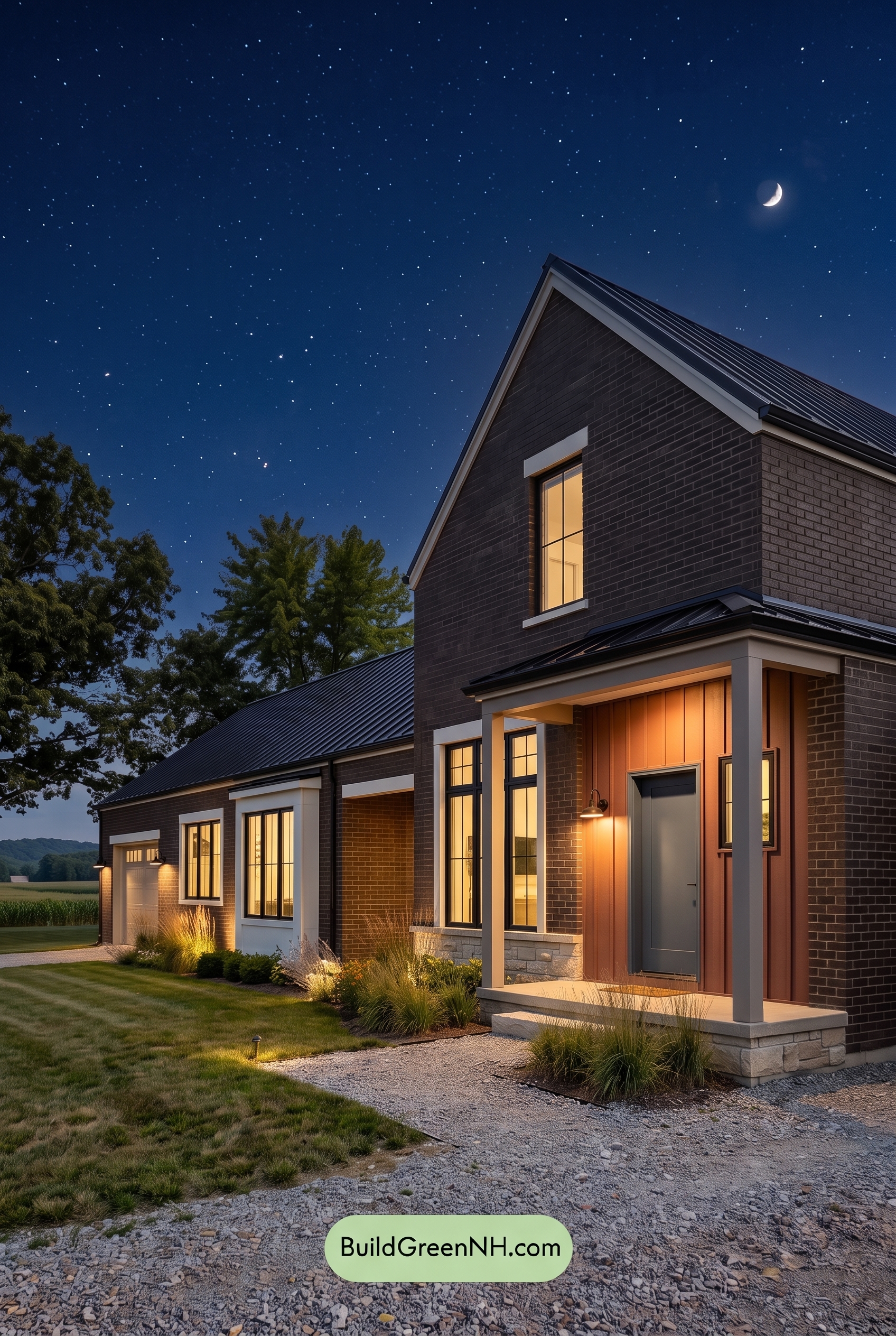 Brown Brick House Exterior Color Scheme: Mocha Fieldhouse - Nighttime