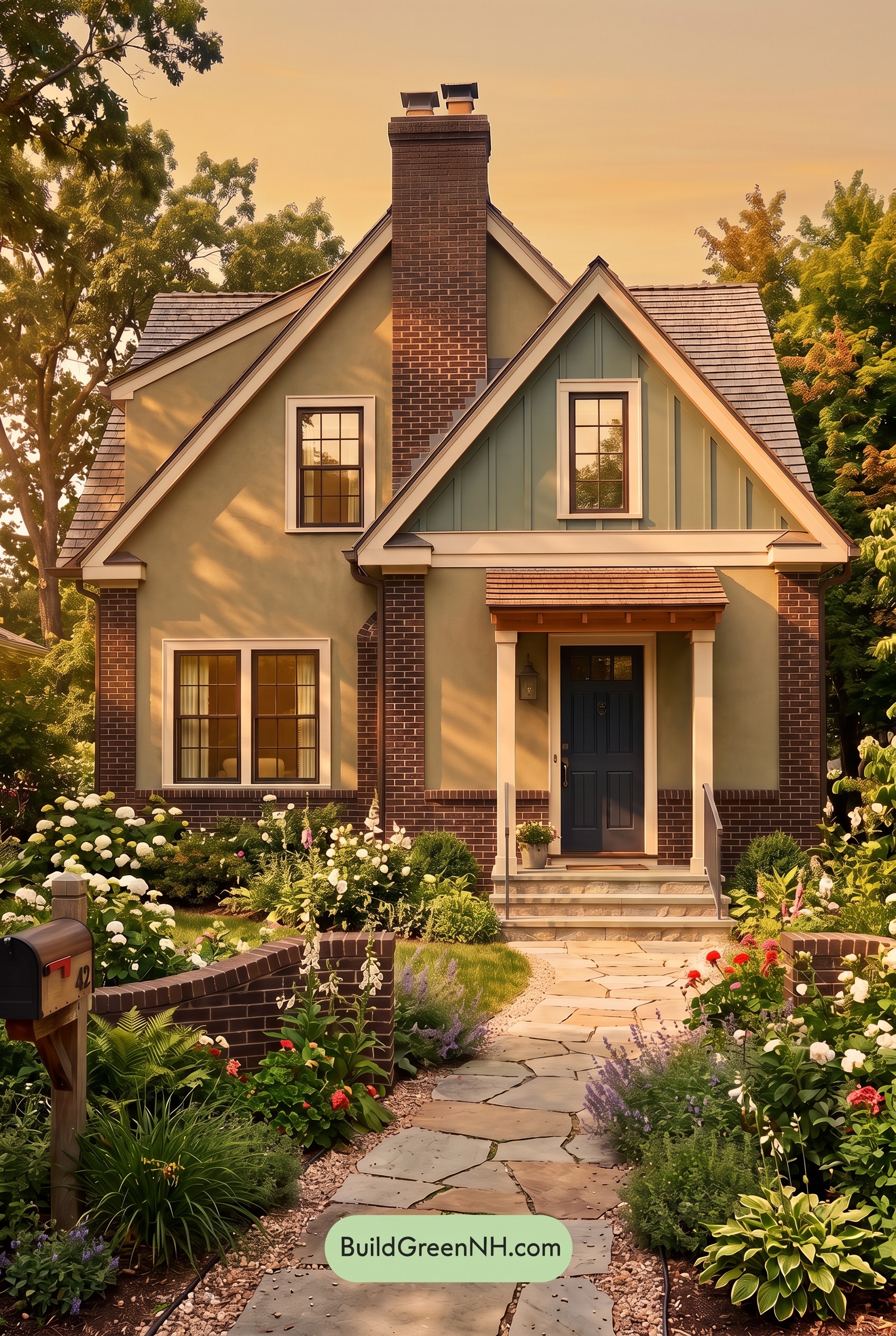 Brown Brick House Exterior Color Scheme: Moss Lantern - Golden Hour