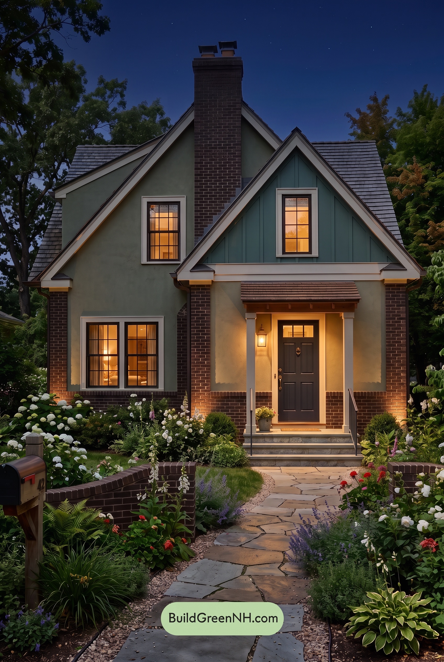 Brown Brick House Exterior Color Scheme: Moss Lantern - Nighttime