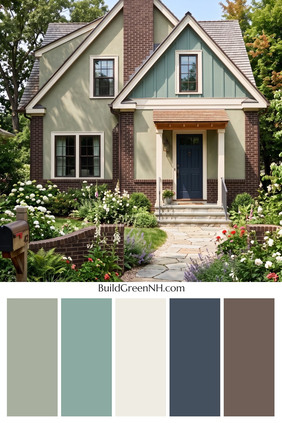 Brown Brick House Exterior Color Scheme: Moss Lantern