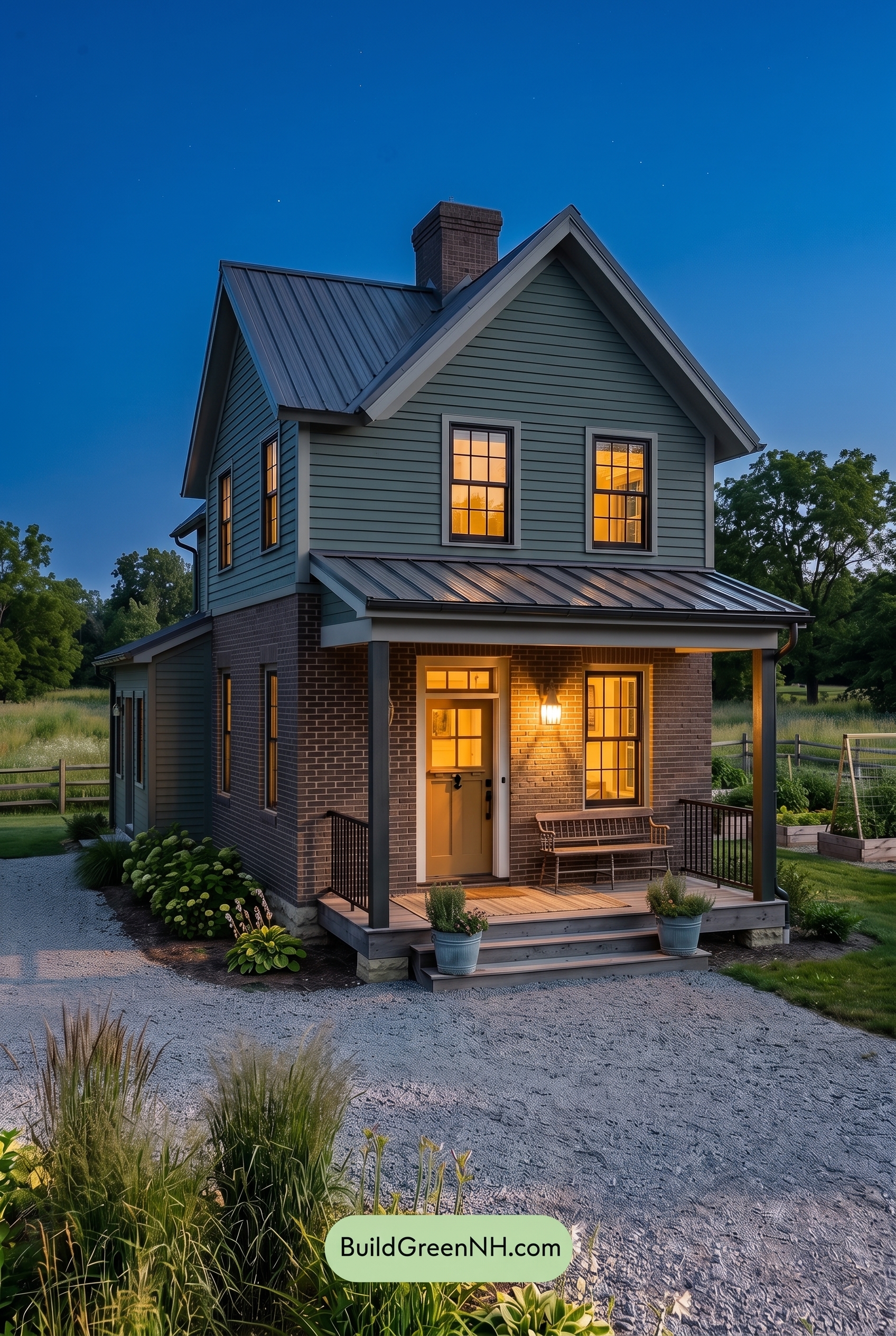 Brown Brick House Exterior Color Scheme: Pine Meridian - Nighttime