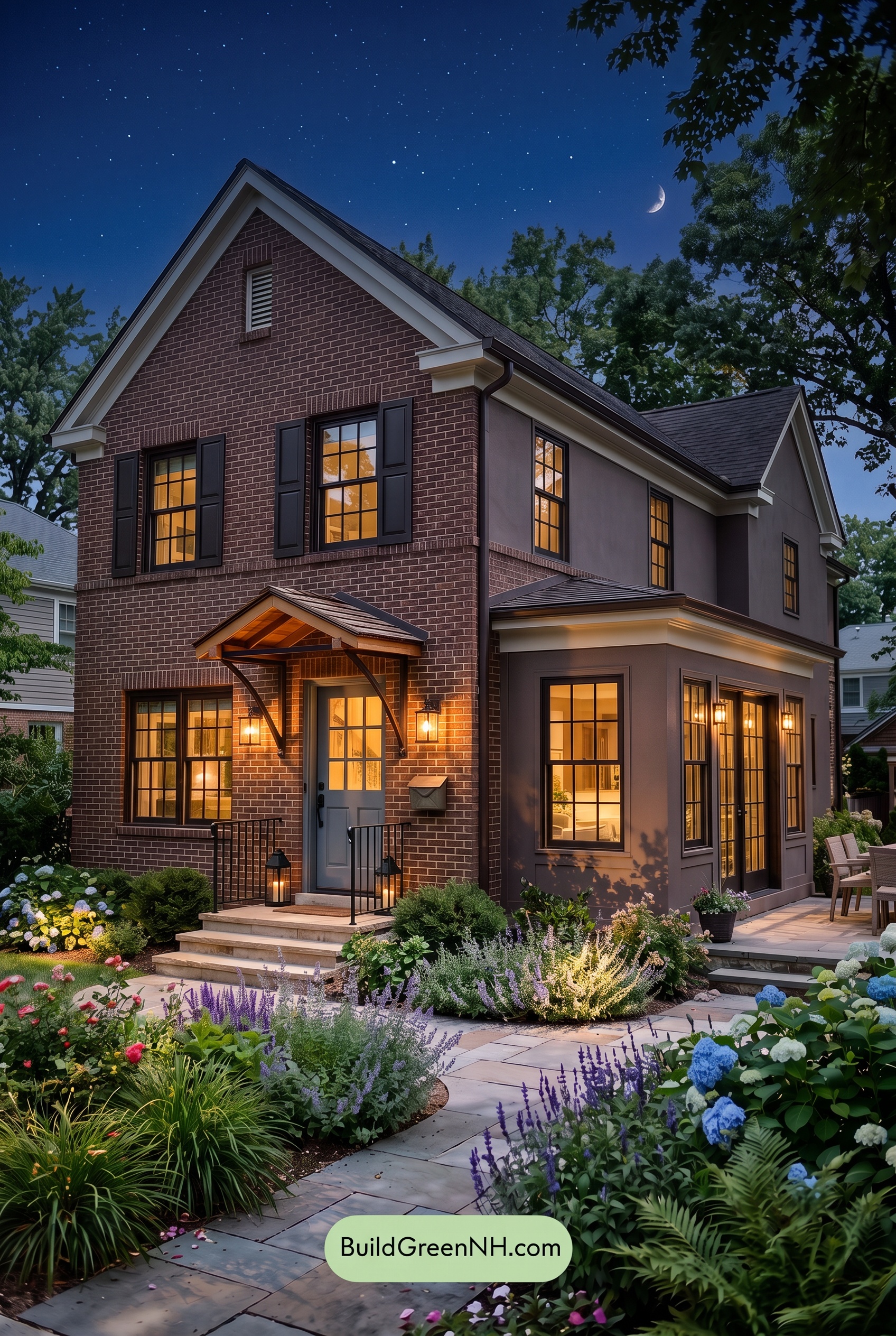 Brown Brick House Exterior Color Scheme: Russet Tempo - Nighttime