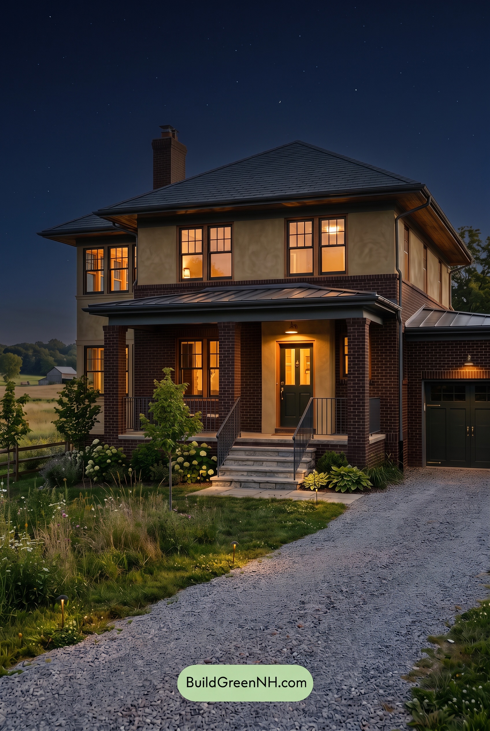 Brown Brick House Exterior Color Scheme: Saffron Poise - Nighttime